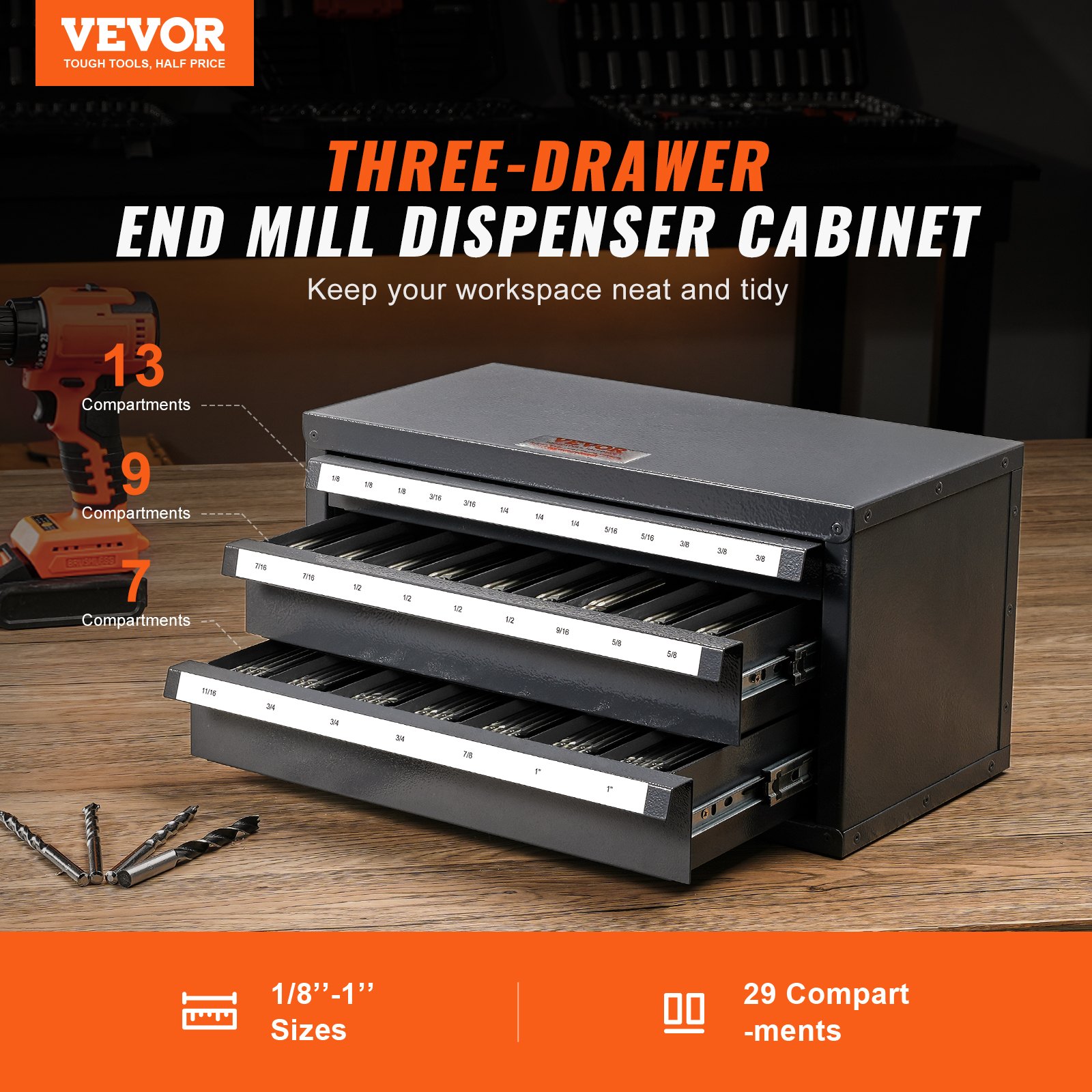 End Mill Dispenser Cabinet, Three-Drawer End Mill Organizer Cabinet for 1/8