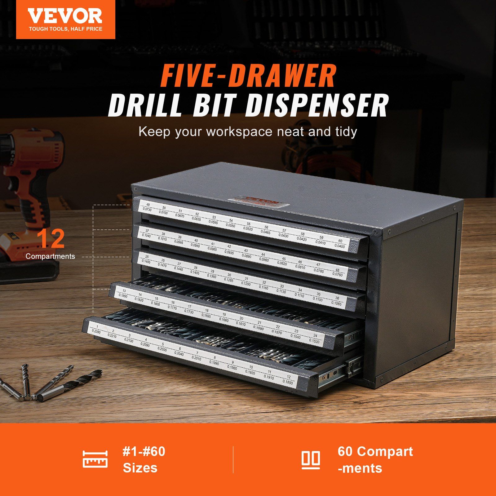 Drill Bit Dispenser Cabinet, Five-Drawer Drill Bit Organizer Cabinet for #1 to #60 Steel Drill Dispenser Organizer Cabinet with Labels, Stackable Drill Dispenser for Drill Bit Storage - Image 2