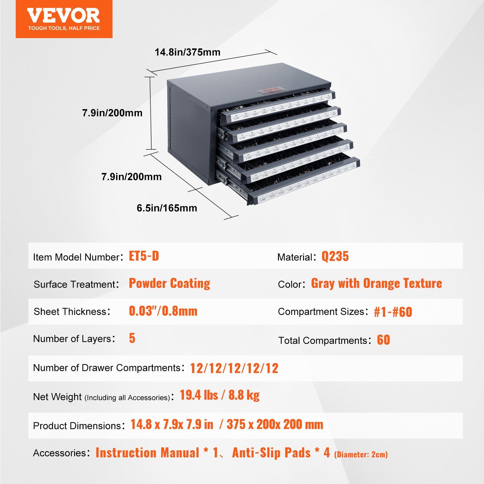 Drill Bit Dispenser Cabinet, Five-Drawer Drill Bit Organizer Cabinet for #1 to #60 Steel Drill Dispenser Organizer Cabinet with Labels, Stackable Drill Dispenser for Drill Bit Storage - Image 7