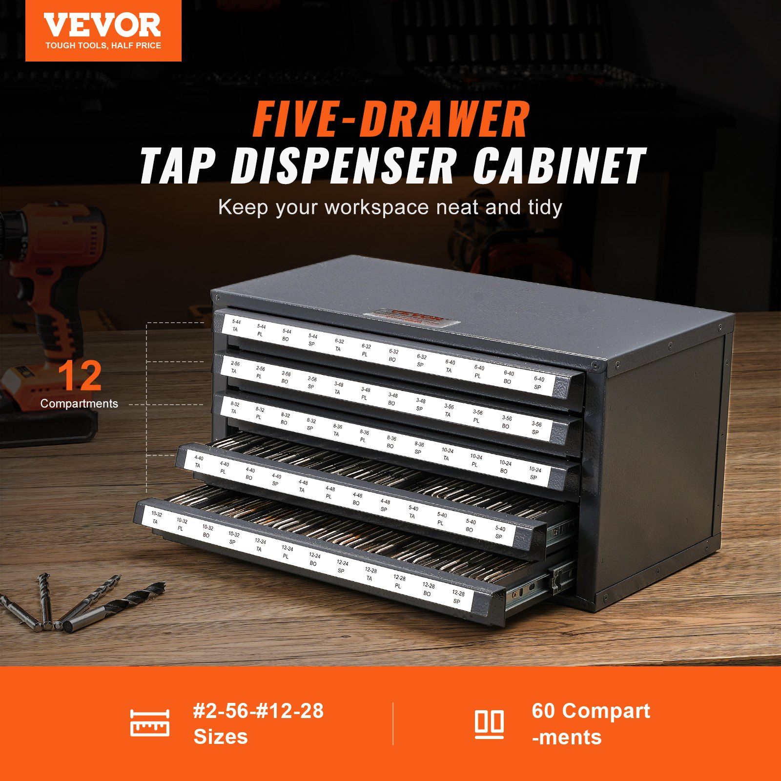 Tap Dispenser Cabinet, Five-Drawer Tap Organizer Cabinet for #2-56-#12-28 Steel Tap Dispenser Organizer Cabinet with Labels, 60-Compartment Stackable Tap Cabinet for Tap Storage - Image 2