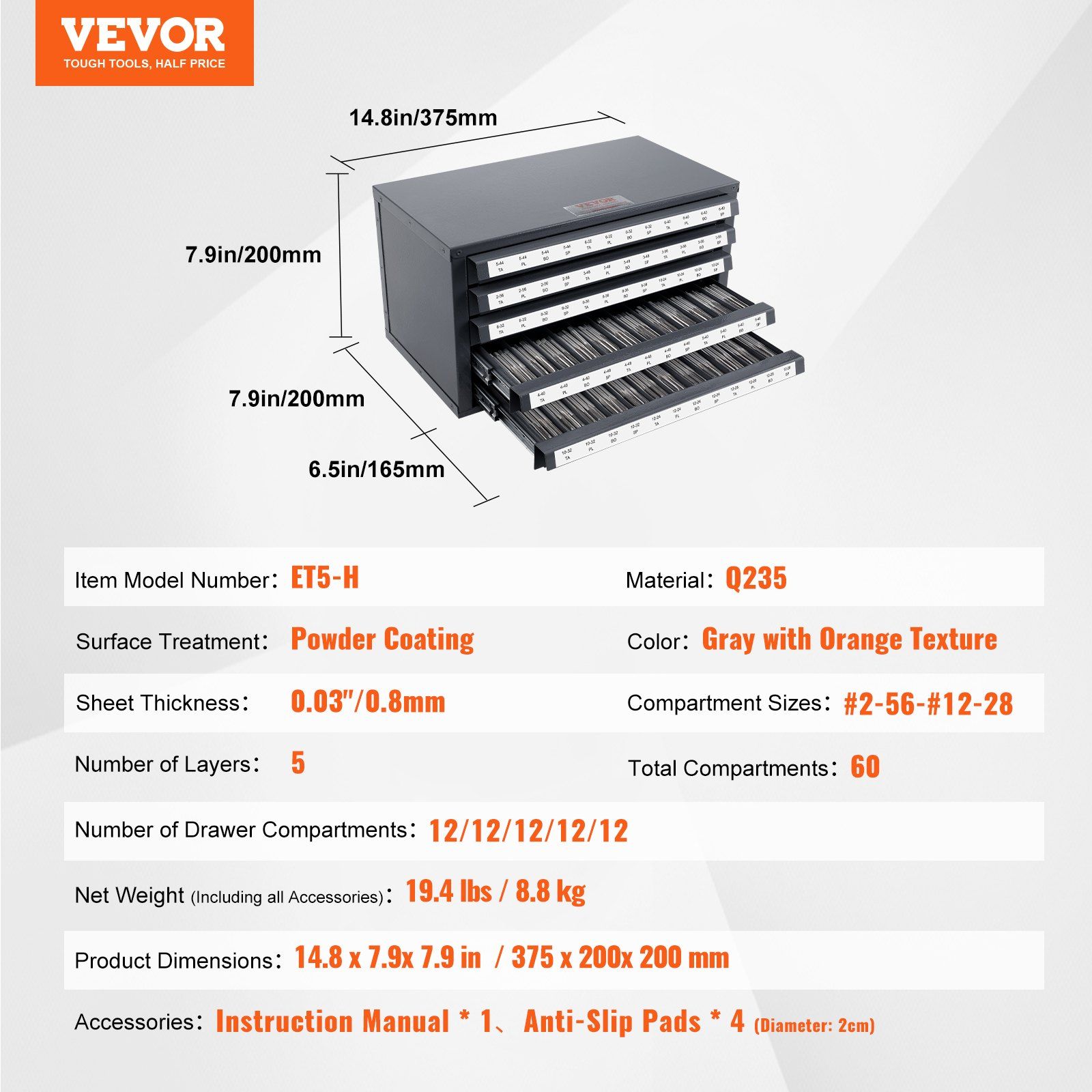Tap Dispenser Cabinet, Five-Drawer Tap Organizer Cabinet for #2-56-#12-28 Steel Tap Dispenser Organizer Cabinet with Labels, 60-Compartment Stackable Tap Cabinet for Tap Storage - Image 7