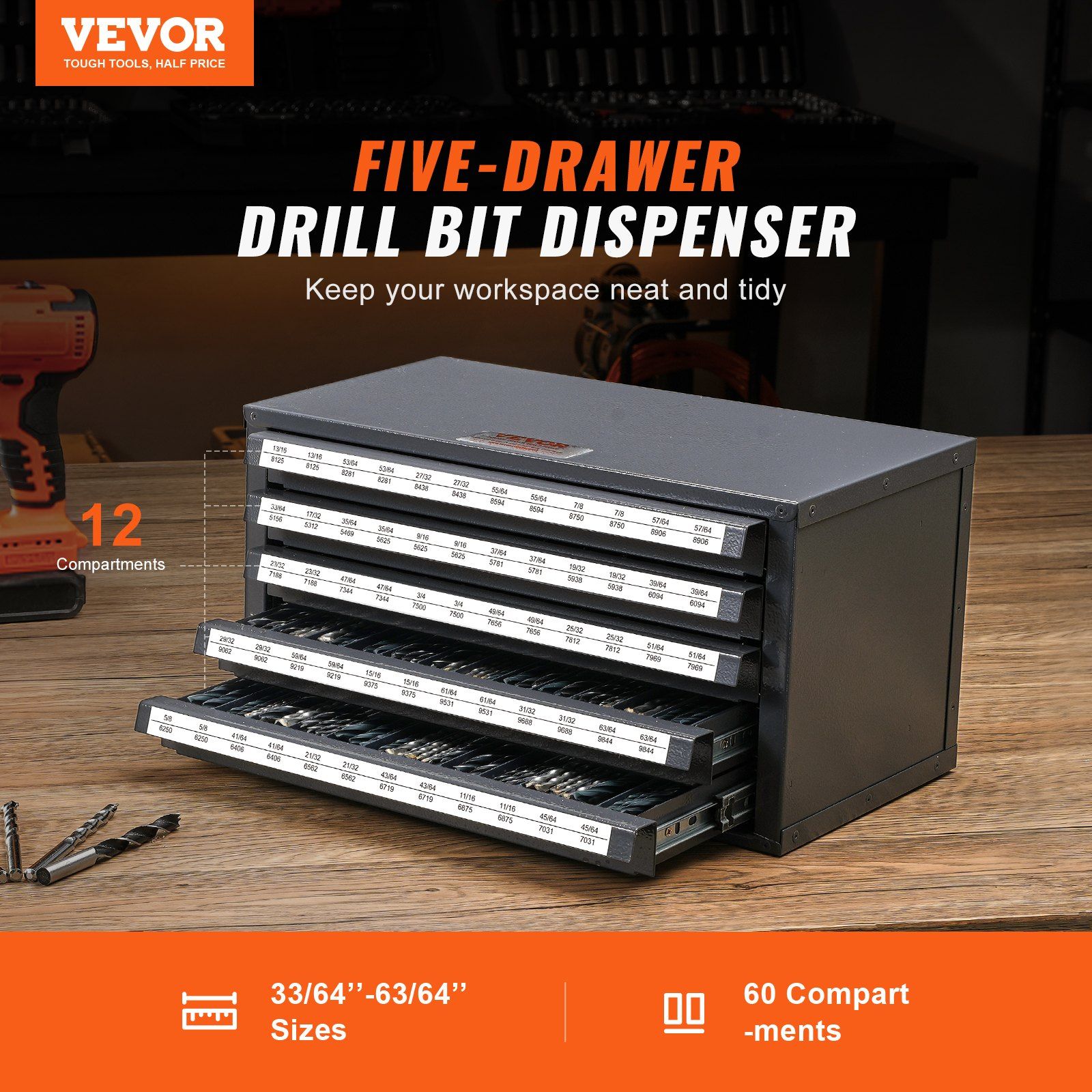 Drill Bit Dispenser Cabinet, Five-Drawer Drill Bit Organizer Cabinet for 33/64
