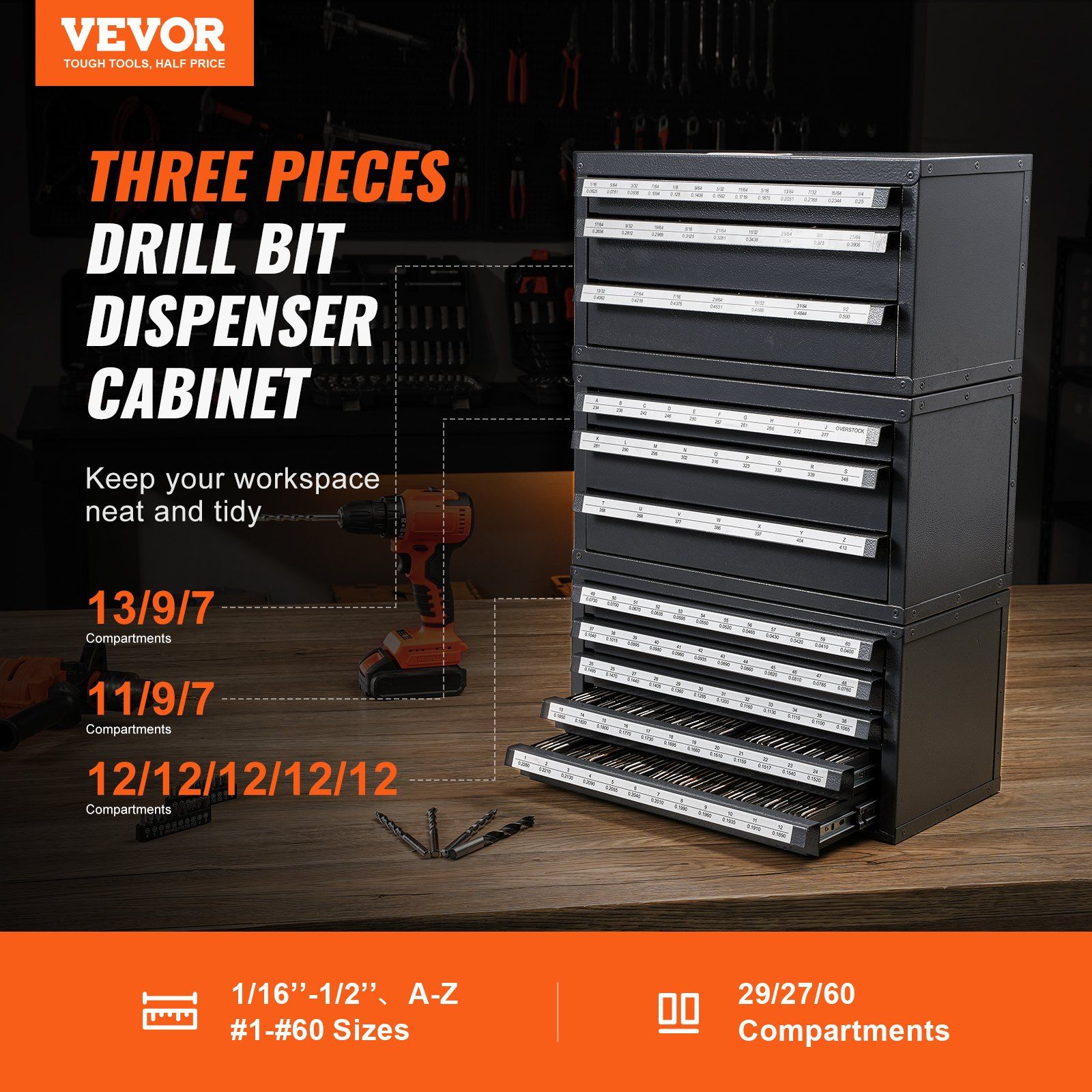 Drill Bit Dispenser Cabinet, 3 Pieces Three-Drawer for 1/16