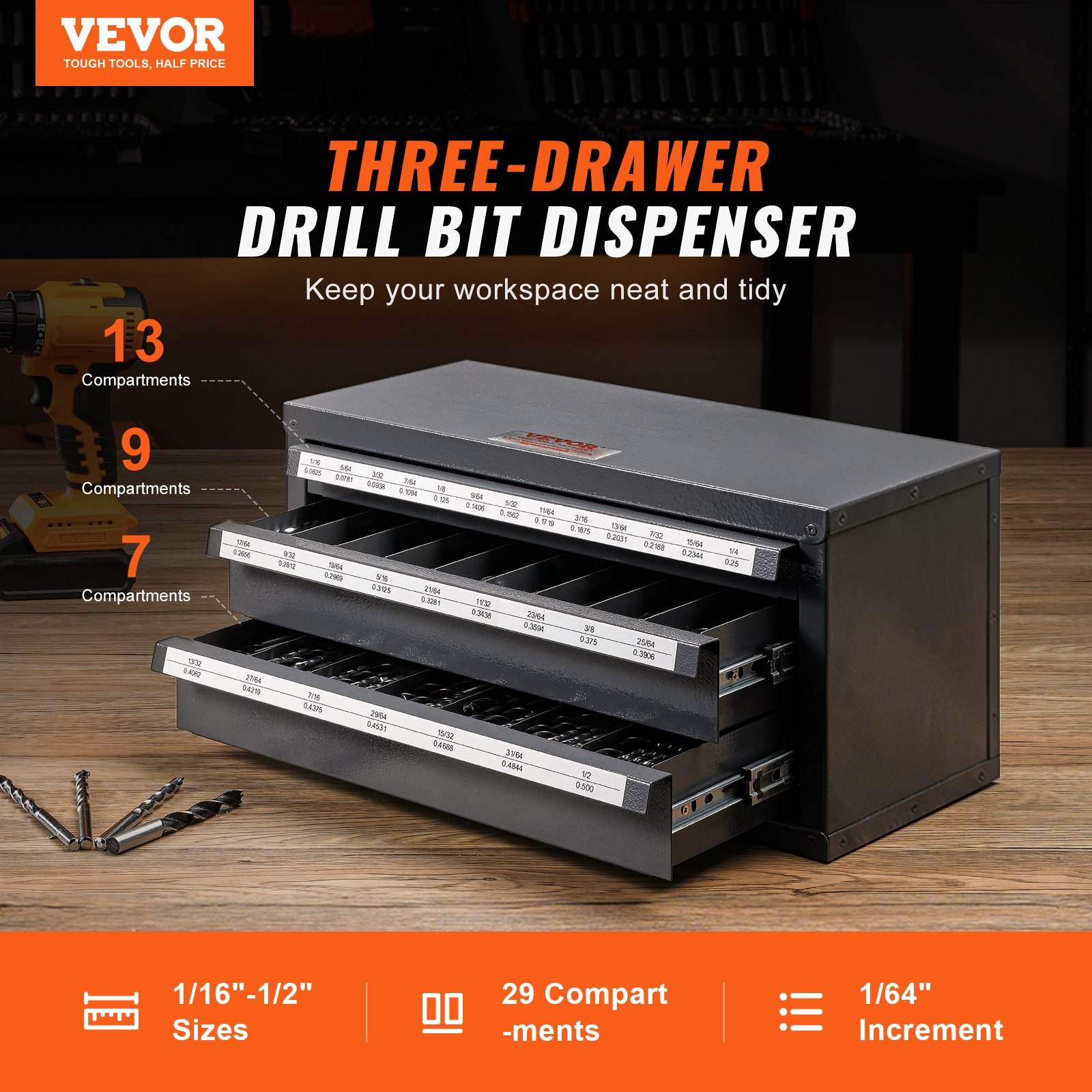 Drill Bit Dispenser Cabinet, Three-Drawer Drill Bit Organizer Cabinet for 1/16