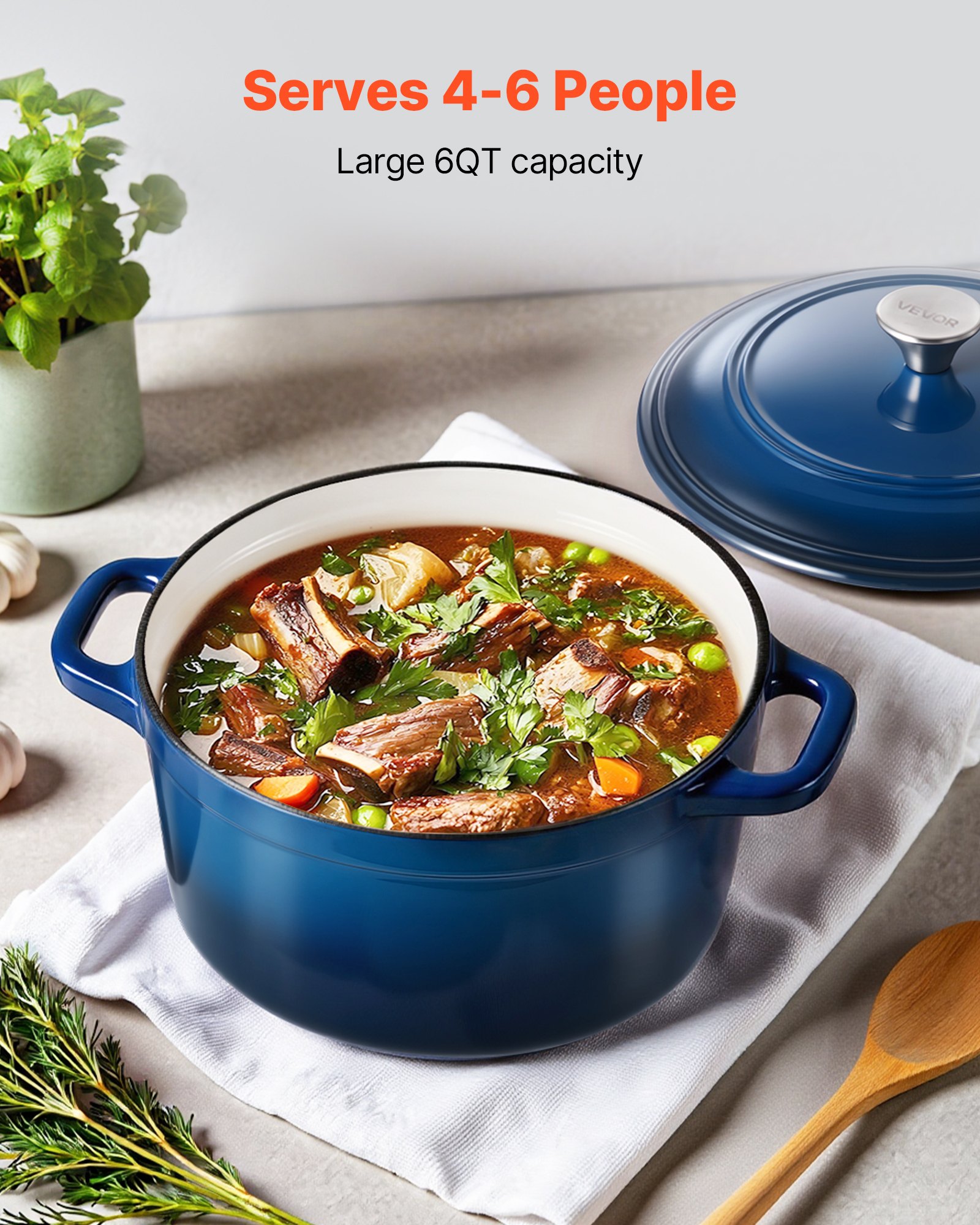 Enameled Cast Iron Dutch Oven, 5.7L Pot with Lid and Dual Handles, Heavy-Duty Durable Cookware Pan, Oven Induction Compatible up to 260 ℃, for Braising, Stews, Roasting, Bread Baking, Blue - Image 2
