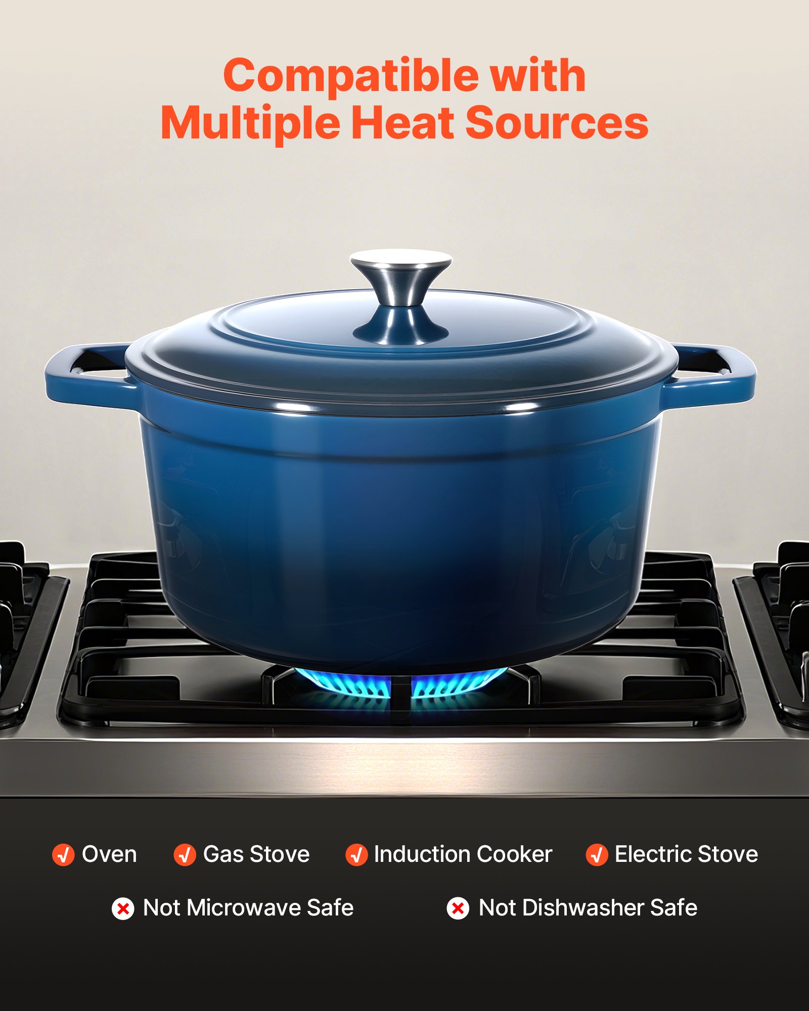 Enameled Cast Iron Dutch Oven, 5.7L Pot with Lid and Dual Handles, Heavy-Duty Durable Cookware Pan, Oven Induction Compatible up to 260 ℃, for Braising, Stews, Roasting, Bread Baking, Blue - Image 4