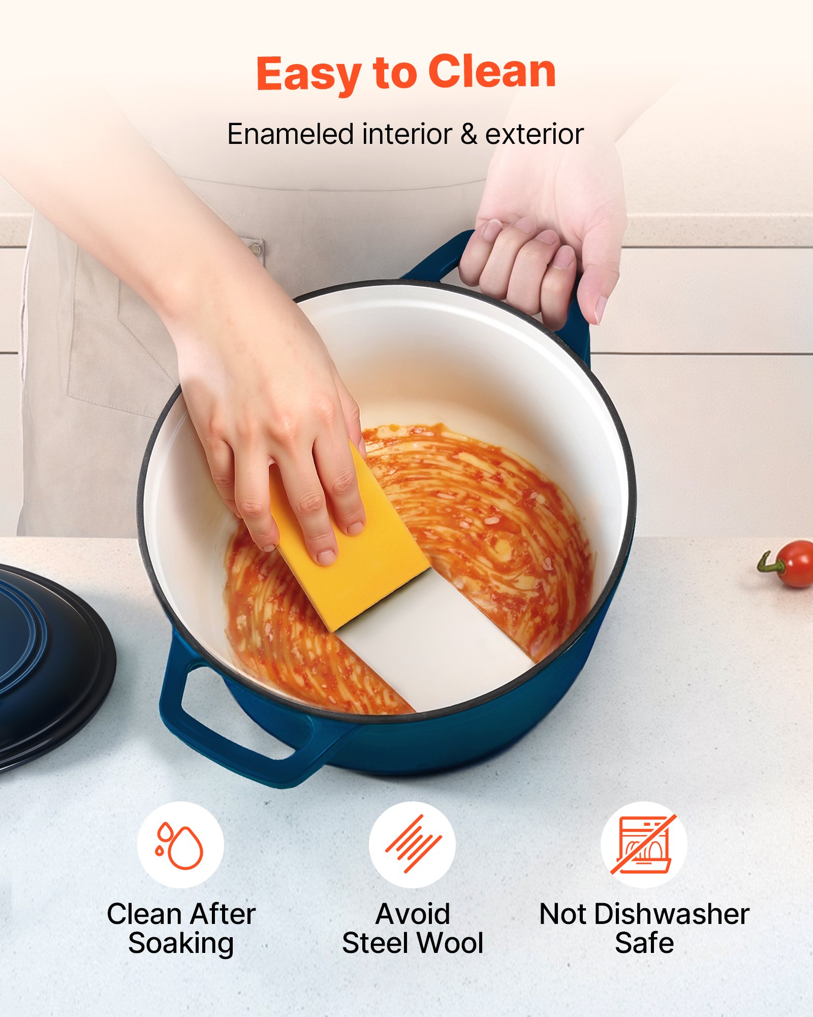 Enameled Cast Iron Dutch Oven, 5.7L Pot with Lid and Dual Handles, Heavy-Duty Durable Cookware Pan, Oven Induction Compatible up to 260 ℃, for Braising, Stews, Roasting, Bread Baking, Blue - Image 5