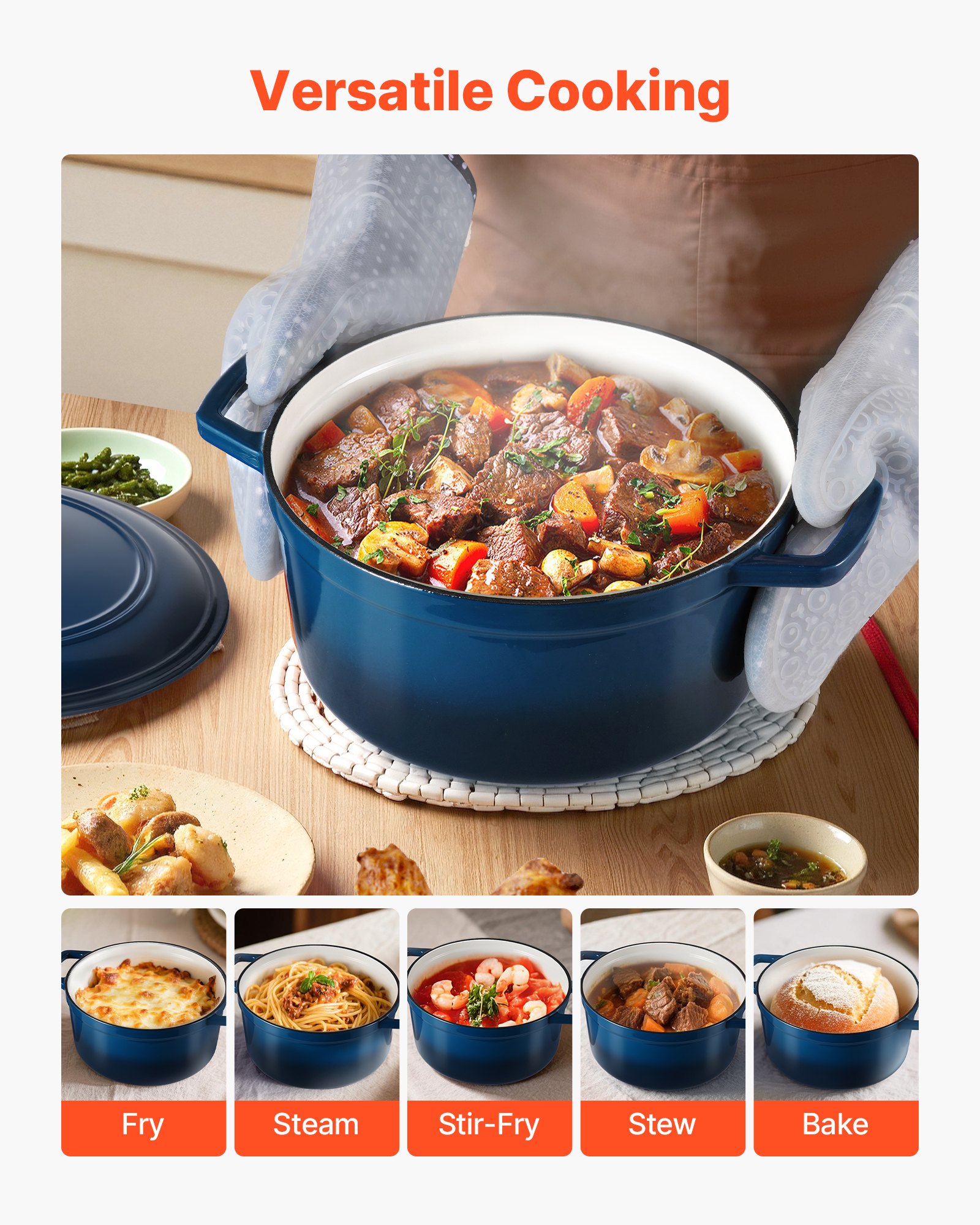 Enameled Cast Iron Dutch Oven, 5.7L Pot with Lid and Dual Handles, Heavy-Duty Durable Cookware Pan, Oven Induction Compatible up to 260 ℃, for Braising, Stews, Roasting, Bread Baking, Blue - Image 6