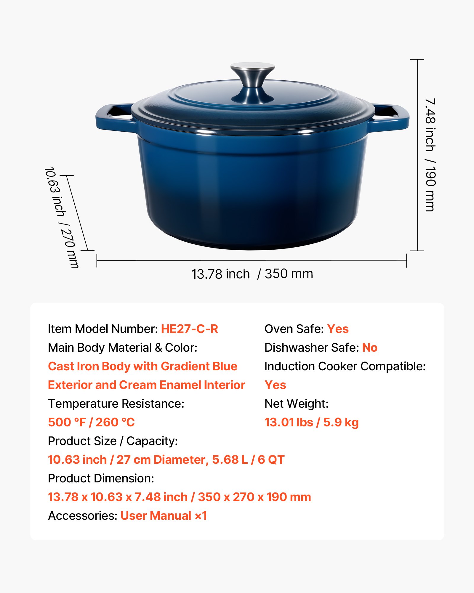 Enameled Cast Iron Dutch Oven, 5.7L Pot with Lid and Dual Handles, Heavy-Duty Durable Cookware Pan, Oven Induction Compatible up to 260 ℃, for Braising, Stews, Roasting, Bread Baking, Blue - Image 7