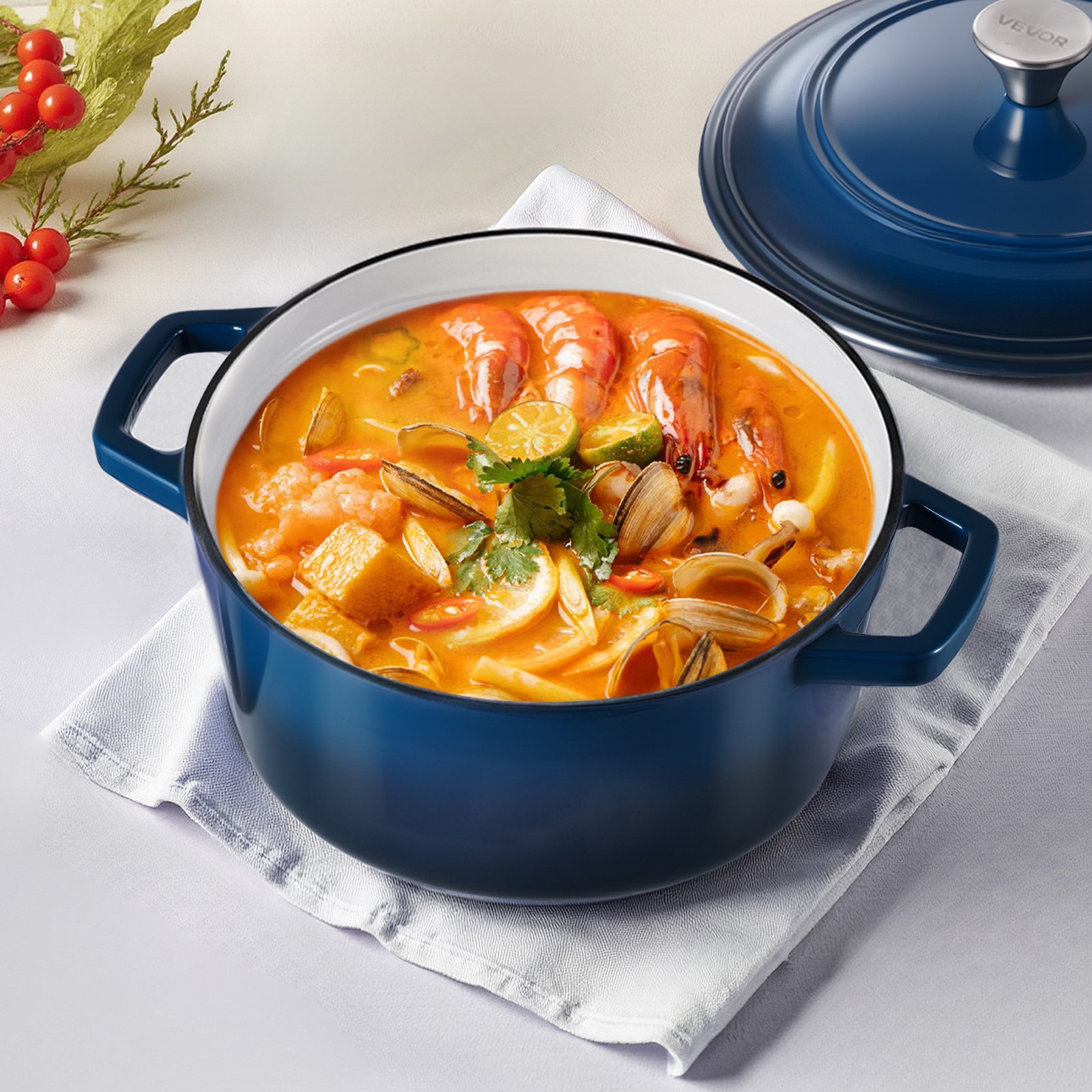 Enameled Cast Iron Dutch Oven, 5.7L Pot with Lid and Dual Handles, Heavy-Duty Durable Cookware Pan, Oven Induction Compatible up to 260 ℃, for Braising, Stews, Roasting, Bread Baking, Blue - Image 8