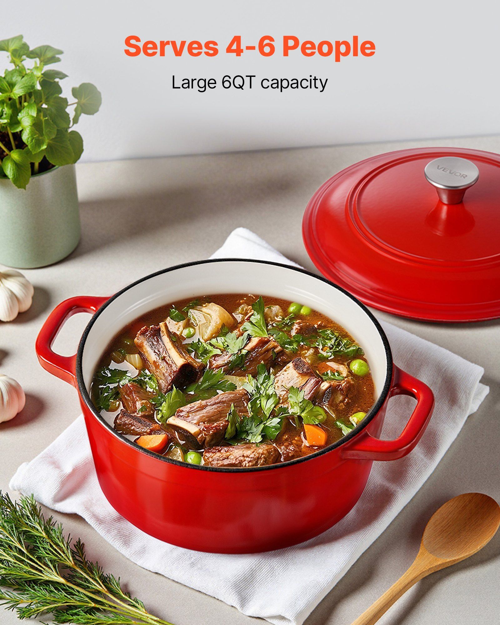 Enameled Cast Iron Dutch Oven, 5.7L Pot with Lid and Dual Handles, Heavy-Duty Durable Cookware Pan, Oven Induction Compatible up to 260 ℃, for Braising, Stews, Roasting, Bread Baking, Red - Image 2