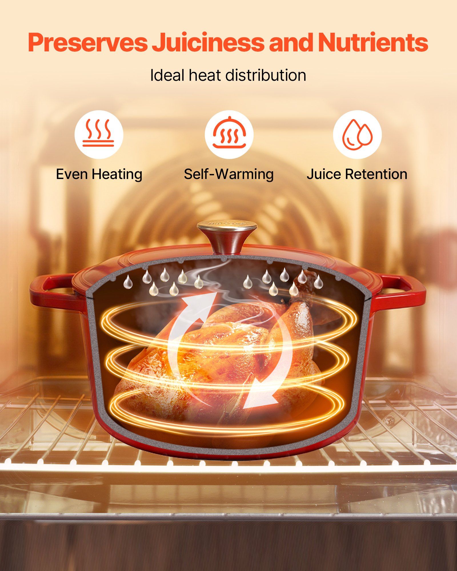 Enameled Cast Iron Dutch Oven, 5.7L Pot with Lid and Dual Handles, Heavy-Duty Durable Cookware Pan, Oven Induction Compatible up to 260 ℃, for Braising, Stews, Roasting, Bread Baking, Red - Image 3
