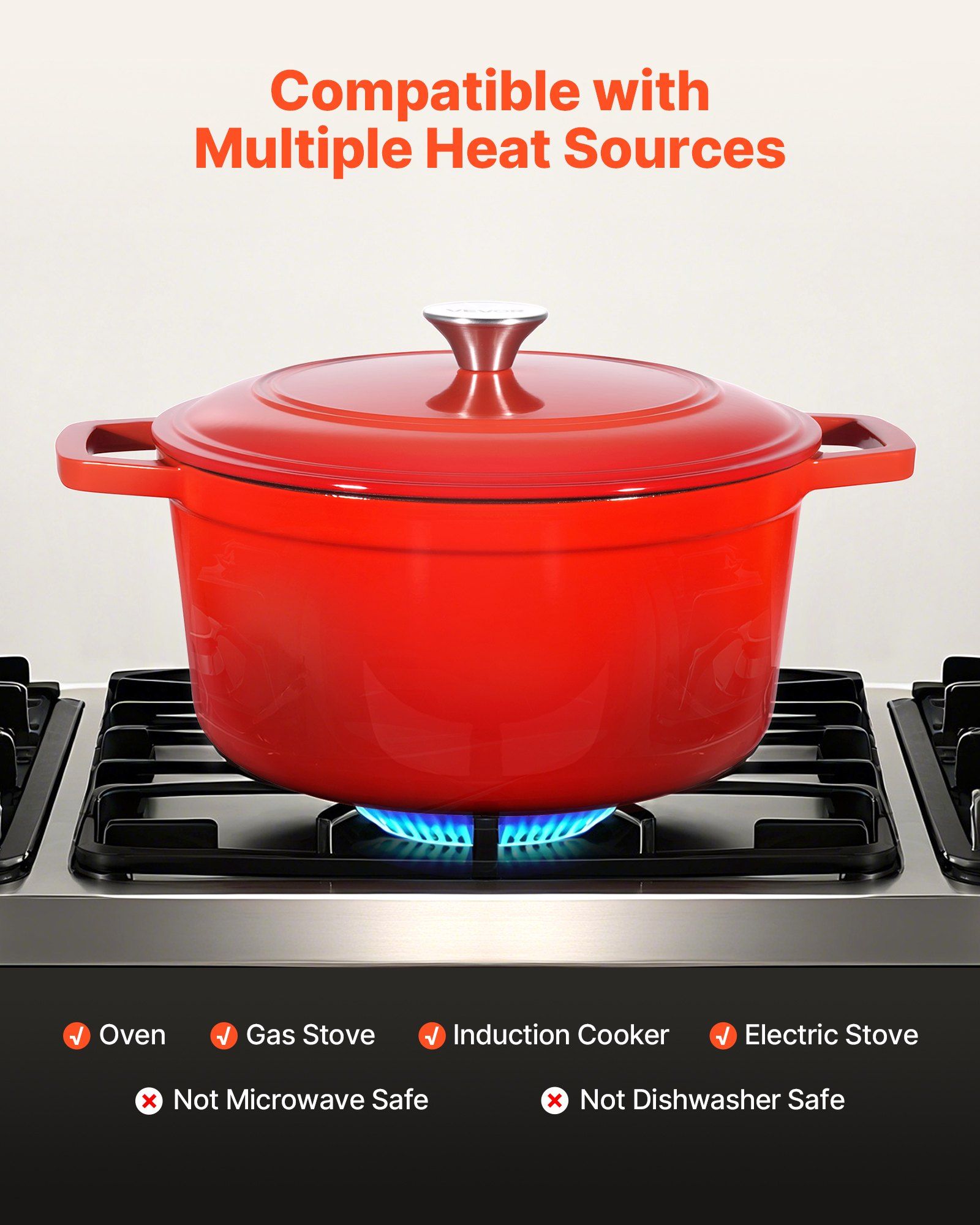 Enameled Cast Iron Dutch Oven, 5.7L Pot with Lid and Dual Handles, Heavy-Duty Durable Cookware Pan, Oven Induction Compatible up to 260 ℃, for Braising, Stews, Roasting, Bread Baking, Red - Image 4