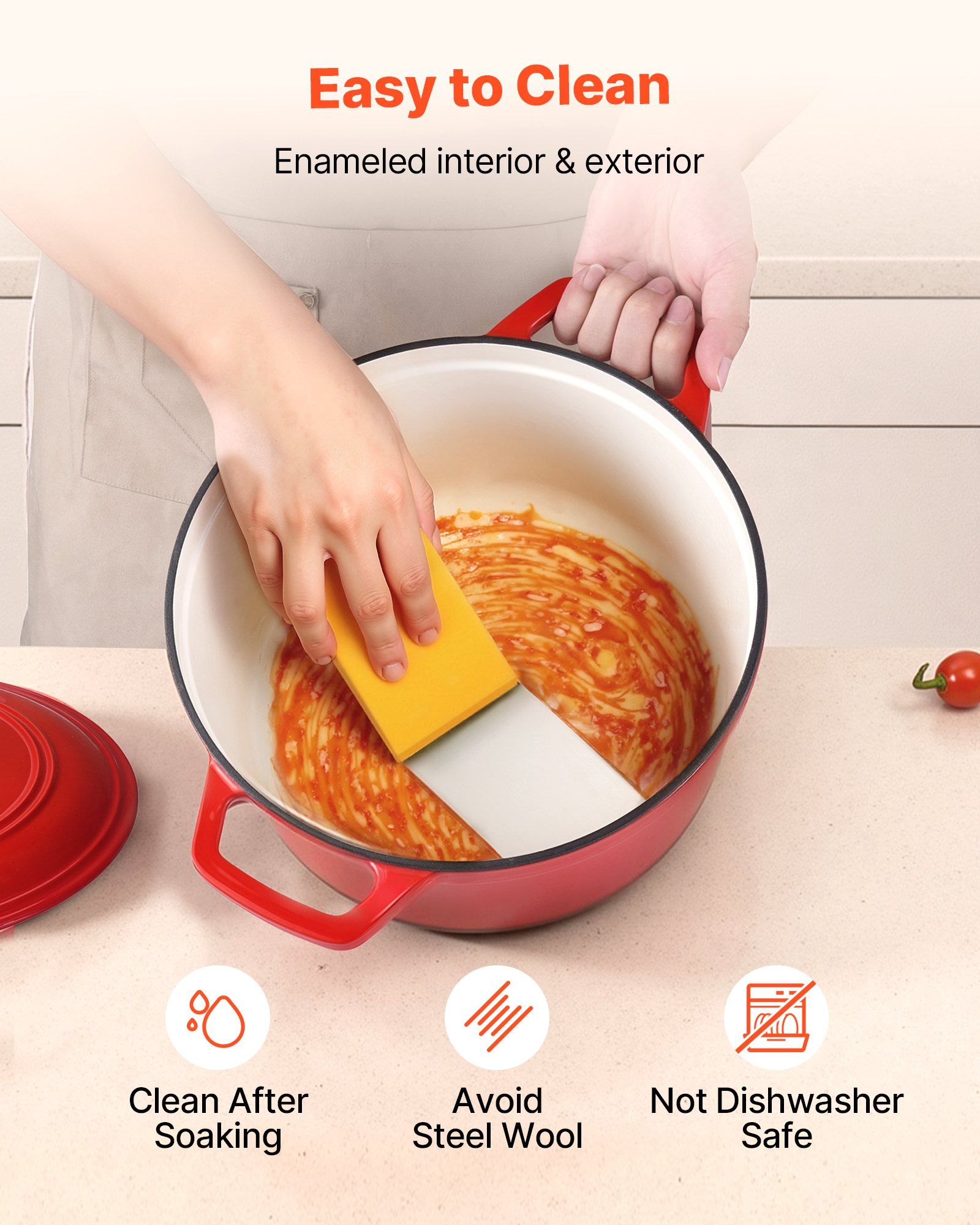 Enameled Cast Iron Dutch Oven, 5.7L Pot with Lid and Dual Handles, Heavy-Duty Durable Cookware Pan, Oven Induction Compatible up to 260 ℃, for Braising, Stews, Roasting, Bread Baking, Red - Image 5