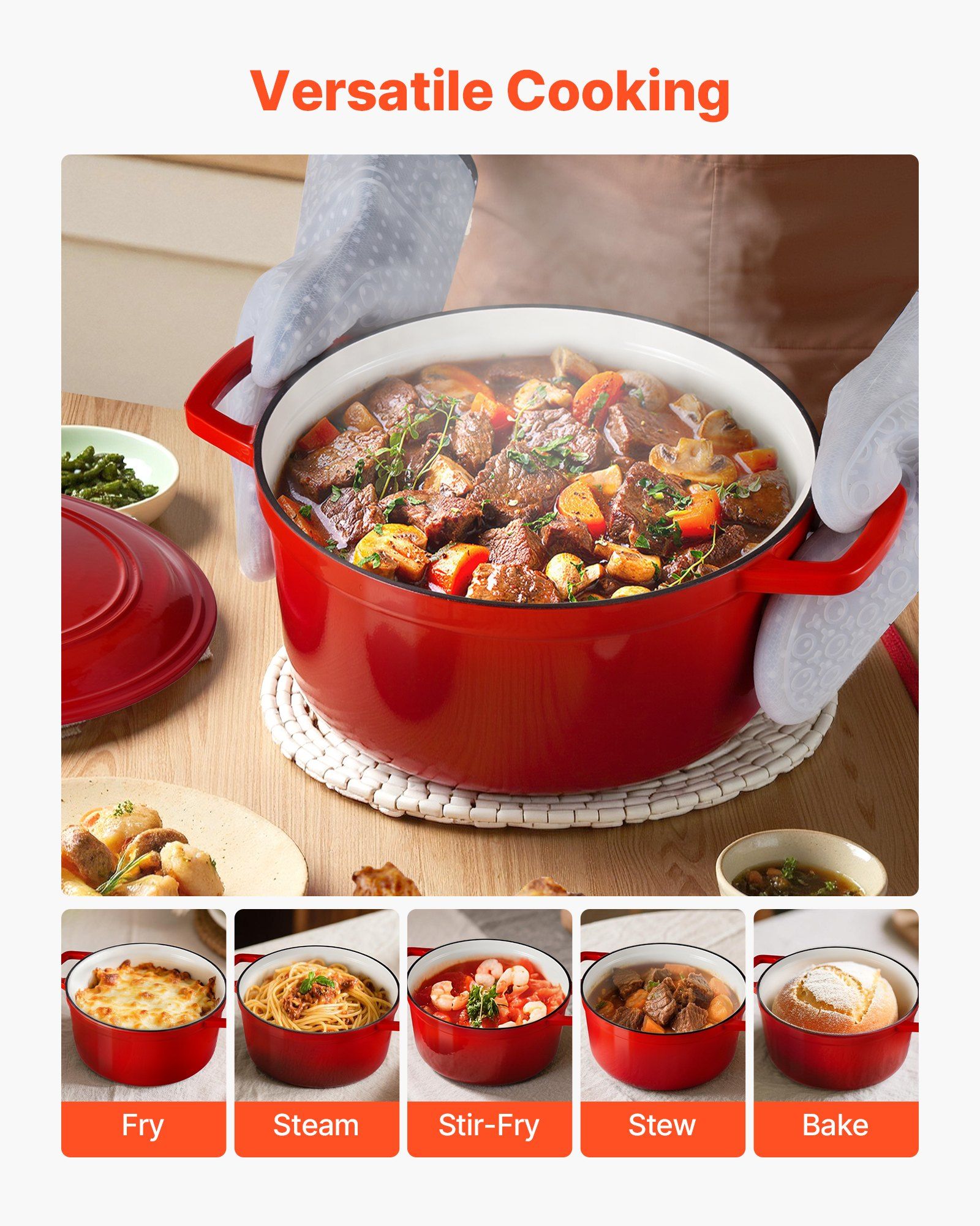 Enameled Cast Iron Dutch Oven, 5.7L Pot with Lid and Dual Handles, Heavy-Duty Durable Cookware Pan, Oven Induction Compatible up to 260 ℃, for Braising, Stews, Roasting, Bread Baking, Red - Image 6