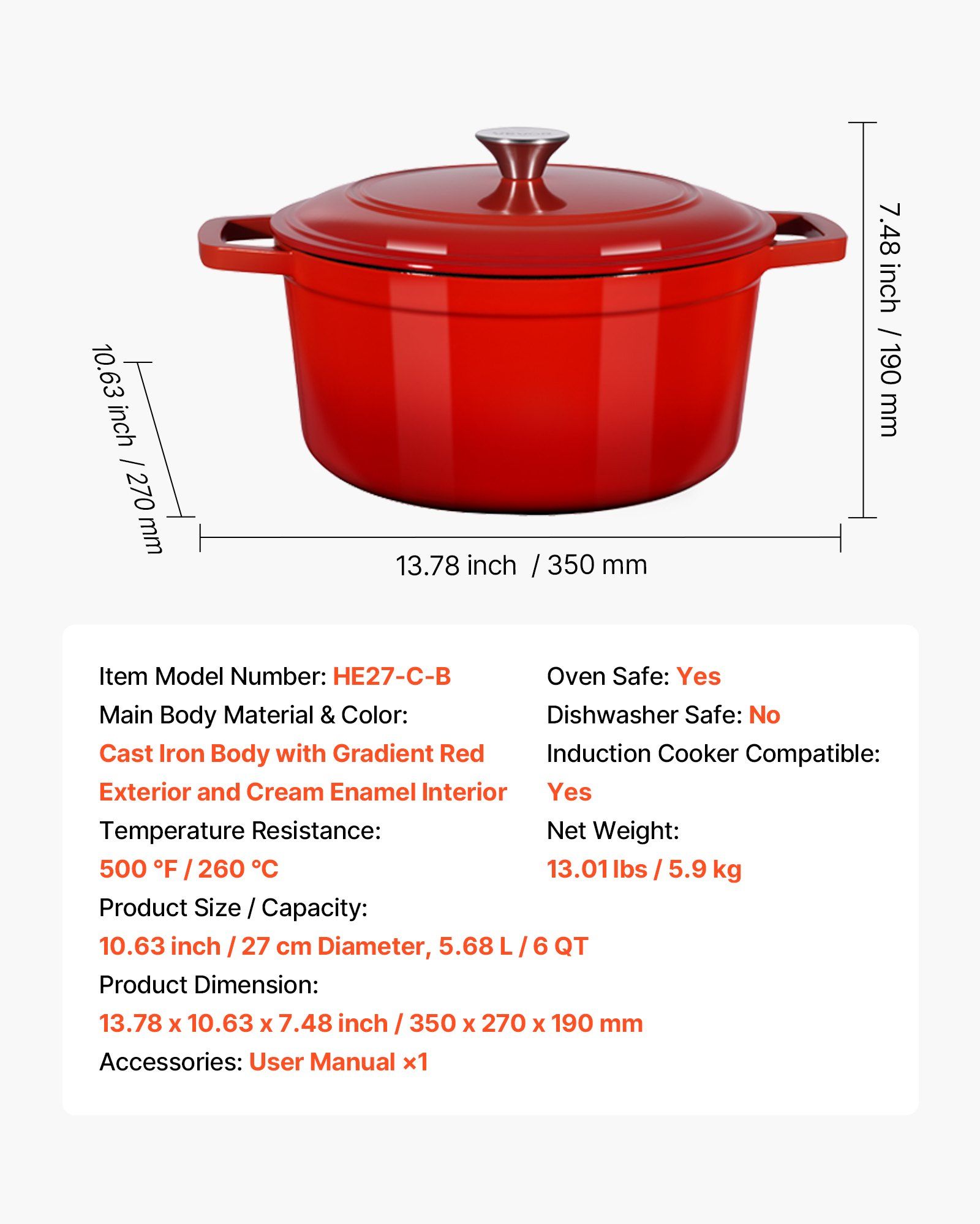 Enameled Cast Iron Dutch Oven, 5.7L Pot with Lid and Dual Handles, Heavy-Duty Durable Cookware Pan, Oven Induction Compatible up to 260 ℃, for Braising, Stews, Roasting, Bread Baking, Red - Image 7