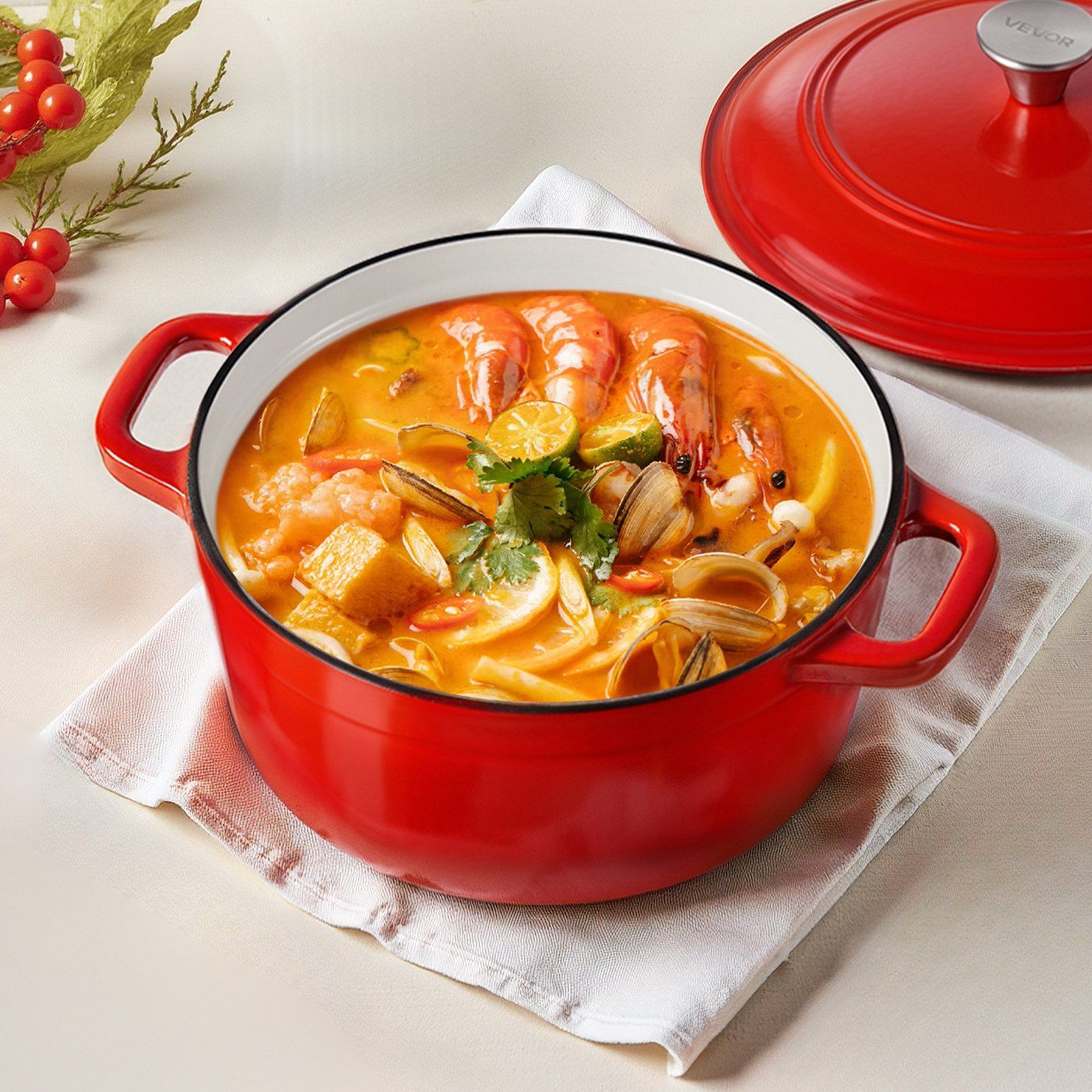 Enameled Cast Iron Dutch Oven, 5.7L Pot with Lid and Dual Handles, Heavy-Duty Durable Cookware Pan, Oven Induction Compatible up to 260 ℃, for Braising, Stews, Roasting, Bread Baking, Red - Image 8
