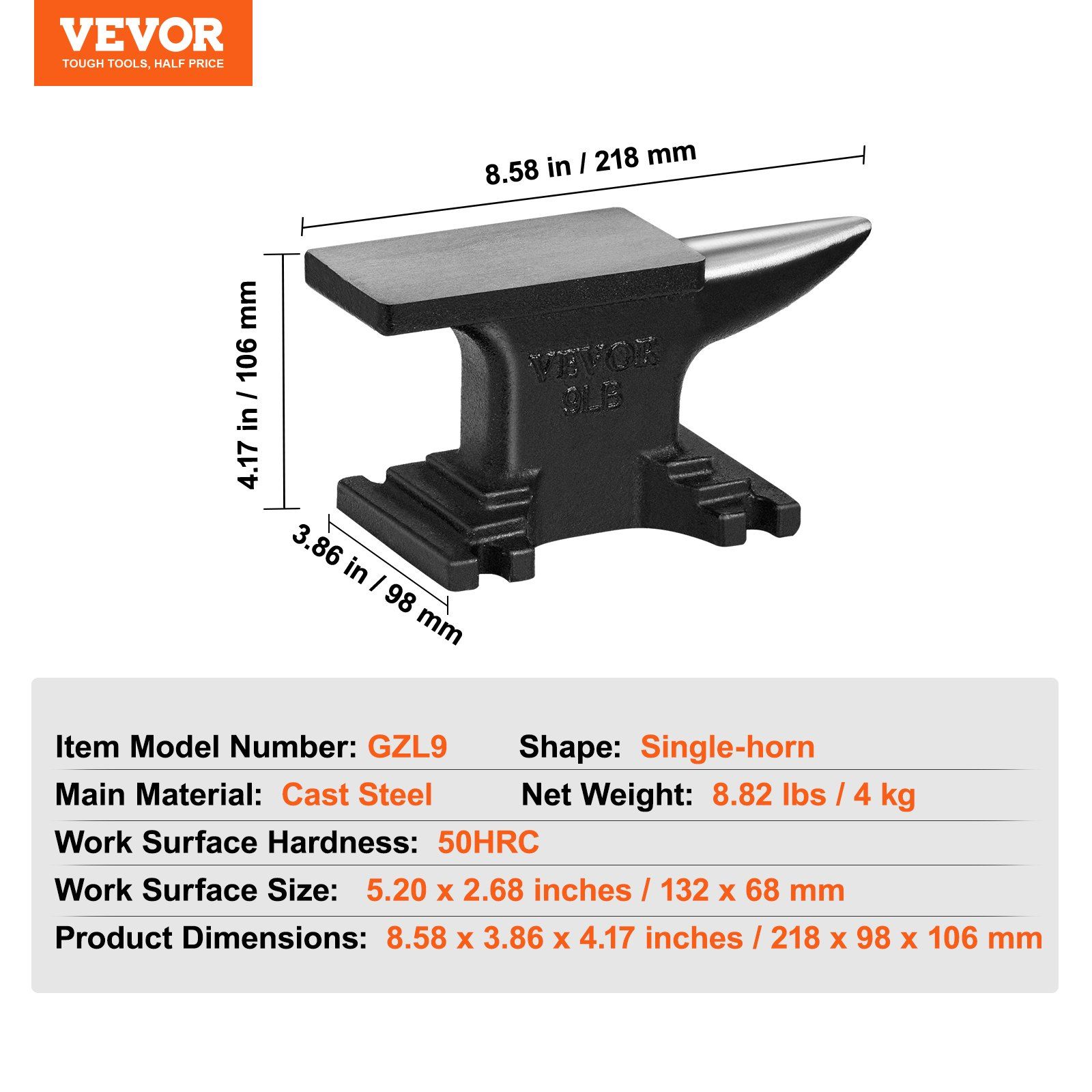 Single Horn Anvil, 8.8Lbs Cast Steel Anvil, High Hardness Rugged Round Horn Anvil Blacksmith, Compact Design and Stable Base, Forge Tools and Equipment, Metalsmith Tool for Bending and Shaping - Image 7