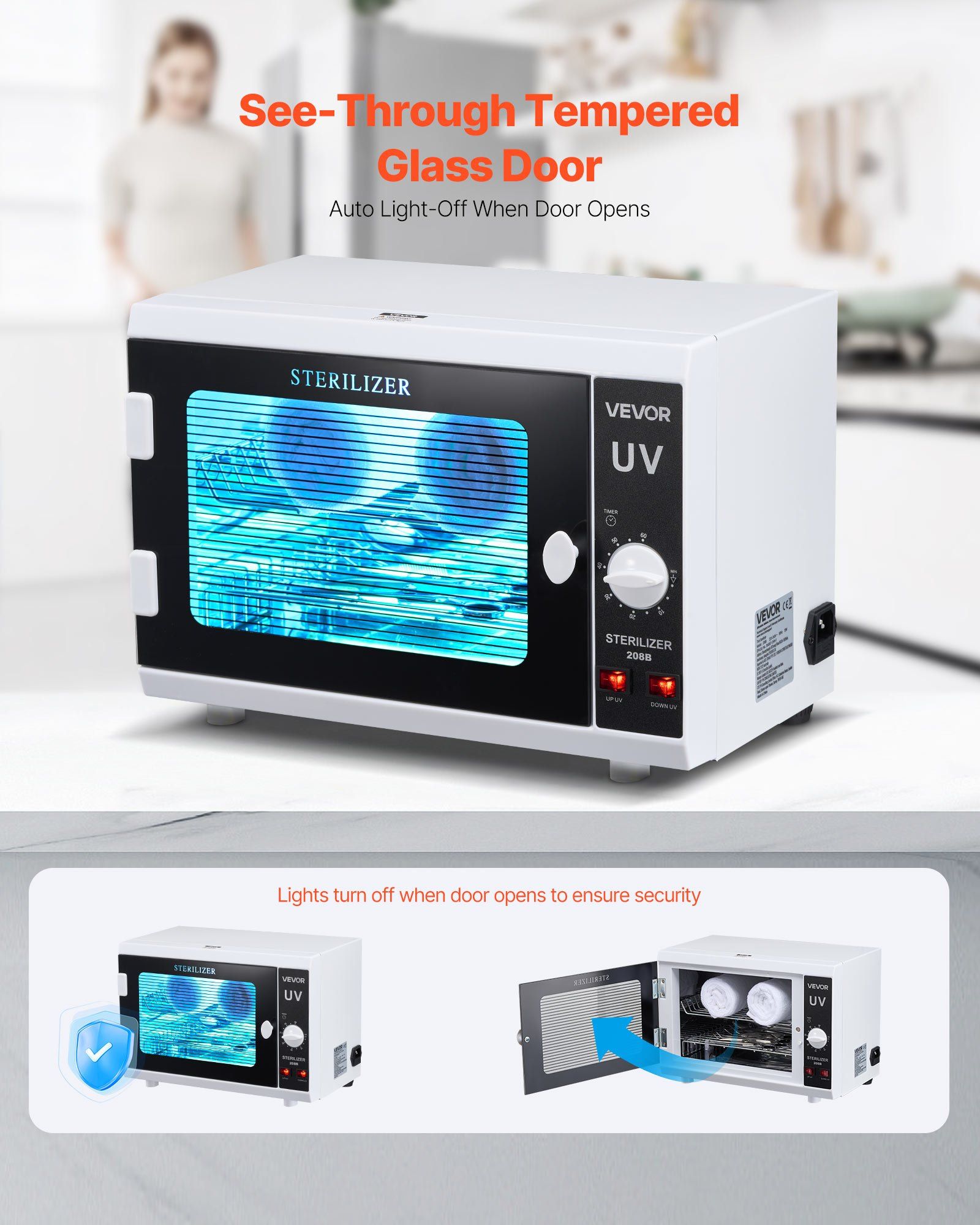 Nail Tool Cleaning Machine, 12L Large Capacity, Knob Control, Tool Cabinet Cleaner Box with Timer Setting, Tempered Glass Door, 185nm Wavelength, for Labs, Home, Nail Salons, Beauty Salons - Image 5
