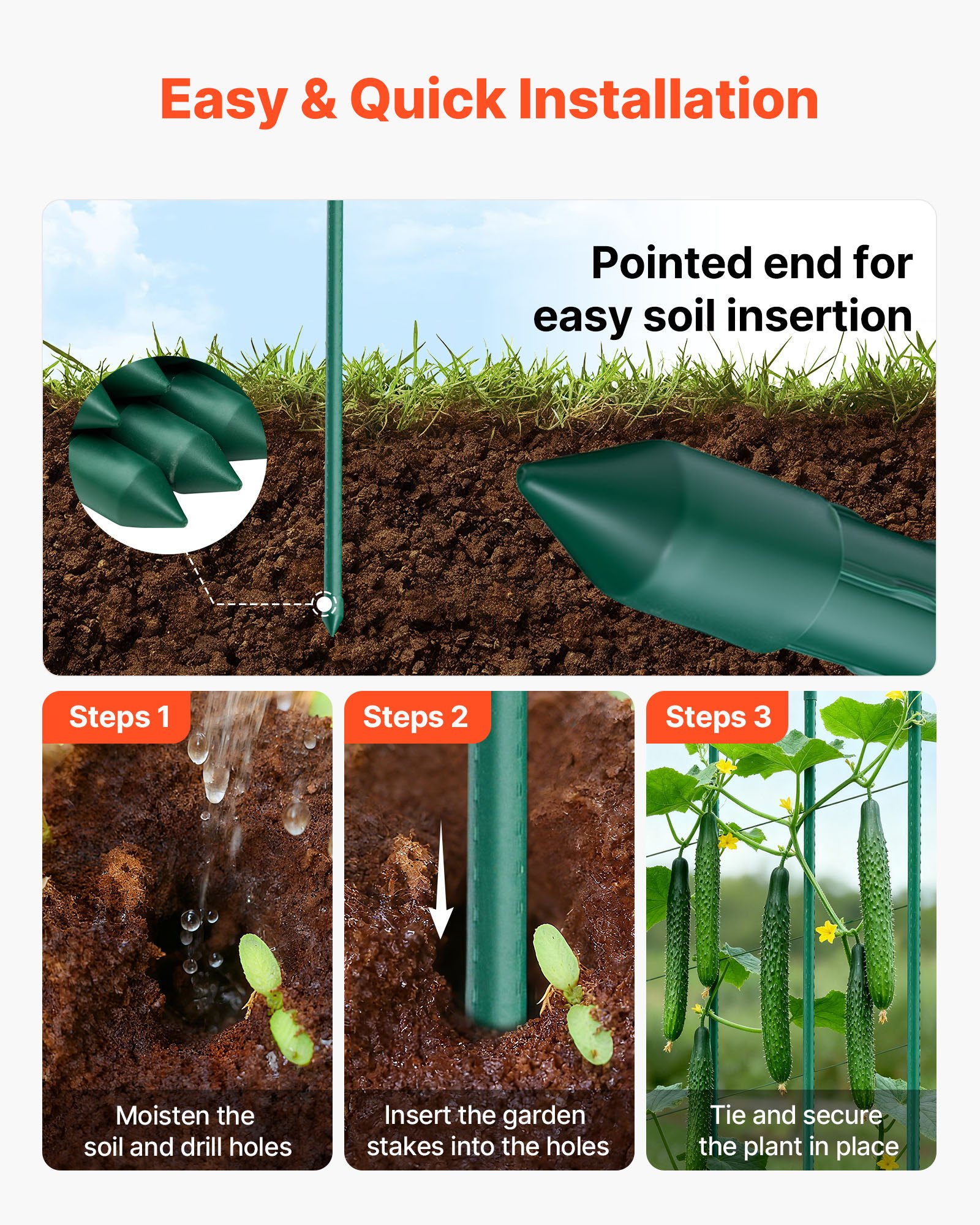 Garden Stakes, 50 Pack, 1455 mm, Plastic Coated Metal Tomato Stakes, Garden Sticks for Plants Support, with Pointed End and Non-Slip Bumps for Growing Climbing Plants, Outdoor Vegetables - Image 4