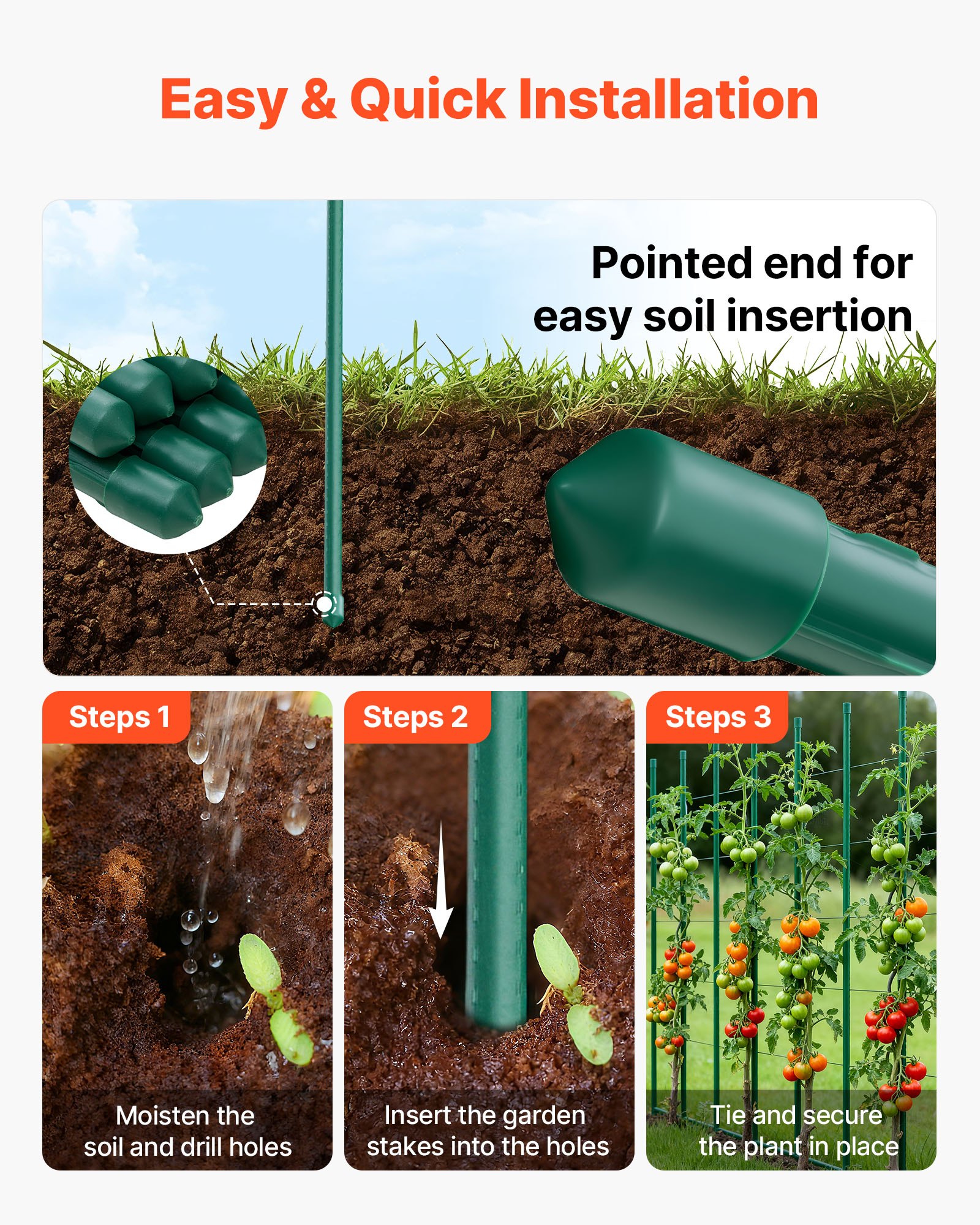 Garden Stakes, 50 Pack, 1800 mm, Plastic Coated Metal Tomato Stakes, Garden Sticks for Plants Support, with Pointed End and Non-Slip Bumps for Growing Climbing Plants, Outdoor Vegetables - Image 4
