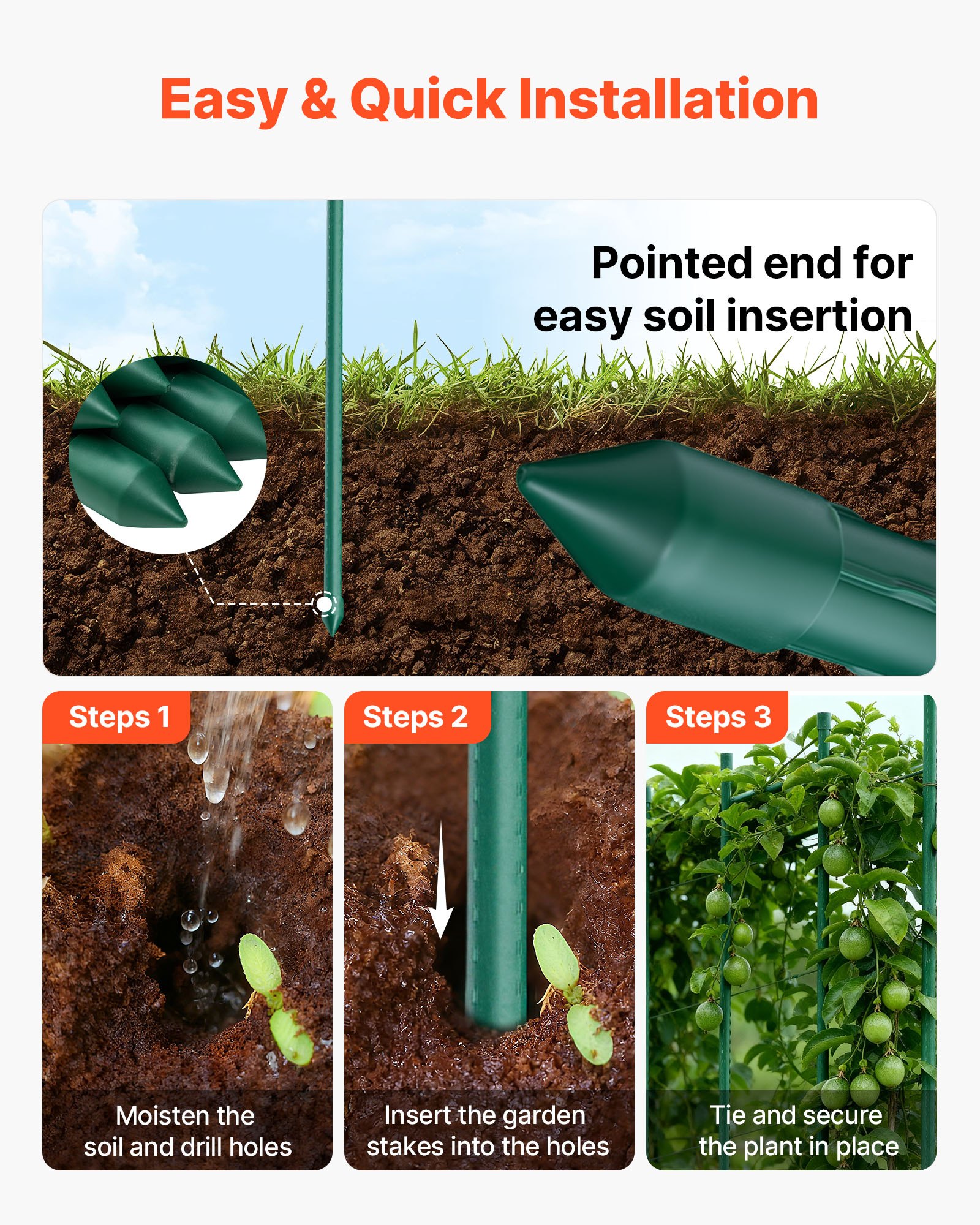 Garden Stakes, 25 Pack, 2100 mm, Plastic Coated Metal Tomato Stakes, Garden Sticks for Plants Support, with Pointed End and Non-Slip Bumps for Growing Climbing Plants, Outdoor Vegetables - Image 4