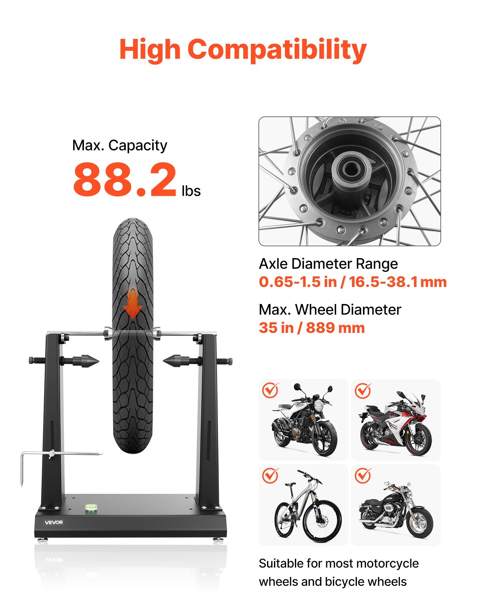 Motorcycle Wheel Balancer, 40 kg Capacity, Tire Balancer & Truing Stand with Adjustable Centering Cones and Truing Pointer, Balancing Tools for Most Motorcycles & Bicycles, 889 mm Wheel Dia - Image 3
