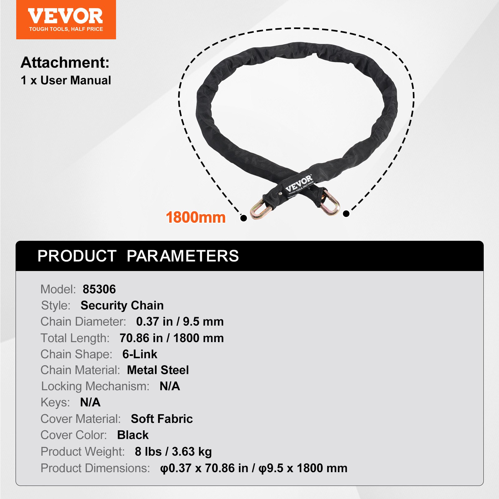 Bike Chain Lock, 5.91 Ft Security Bicycle Chain Lock, Heavy Duty Metal Steel Anti-Theft High Security Bike Locks, Perfect for Bike, Motorcycle, Scooter, Bicycle, Door, Fence, Gate, 9.5mm, Black - Image 7