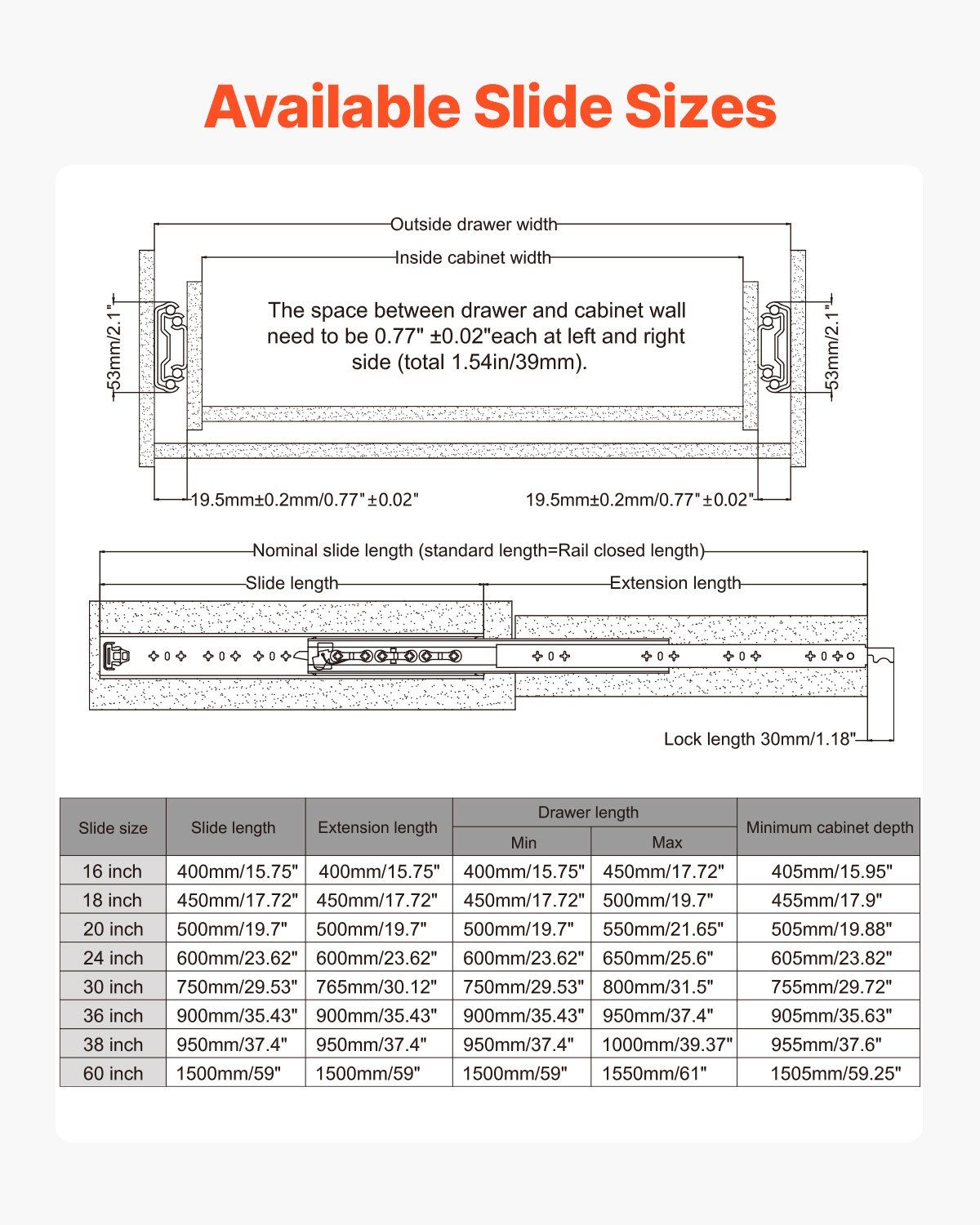 1 Pair Full Extension Drawer Slides 16 18 20 24 30 35 38 59 32 36 40 48 60 in, 250 lbs Load Capacity Locking Drawer Slides, Ball Bearing with Lock Side Mount Drawer Slide Rail - Image 6