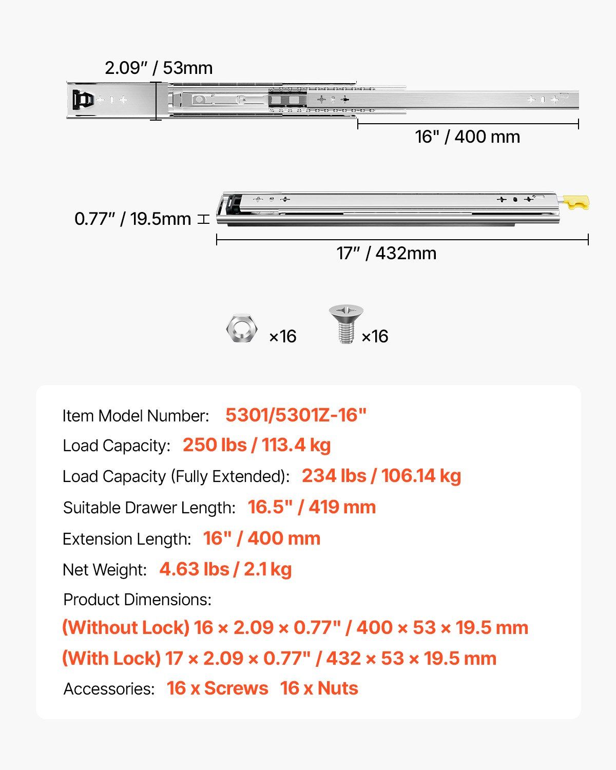 1 Pair Full Extension Drawer Slides 16 18 20 24 30 35 38 59 32 36 40 48 60 in, 250 lbs Load Capacity Locking Drawer Slides, Ball Bearing with Lock Side Mount Drawer Slide Rail - Image 7