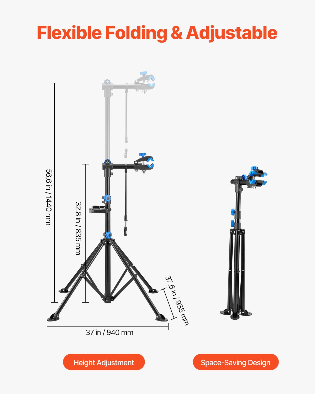 Bike Repair Stand, 29.9 kg Heavy-duty Bicycle Work Stand with 835-1440 mm Adjustable Height & Magnetic Tool Tray, Foldable Bicycle Maintenance Rack, Shop Home Mechanics for Mountain & Road Bike - Image 4