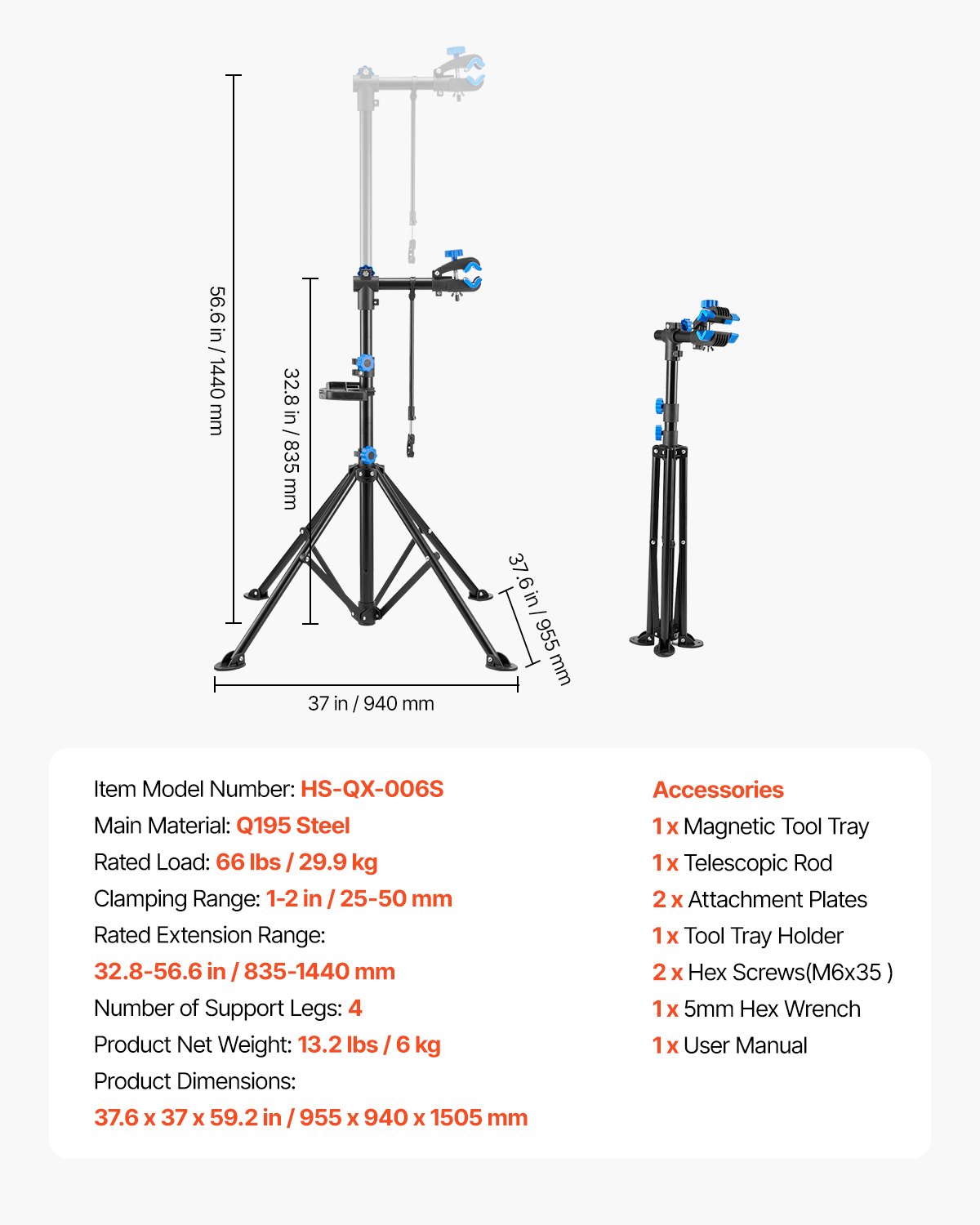Bike Repair Stand, 29.9 kg Heavy-duty Bicycle Work Stand with 835-1440 mm Adjustable Height & Magnetic Tool Tray, Foldable Bicycle Maintenance Rack, Shop Home Mechanics for Mountain & Road Bike - Image 7