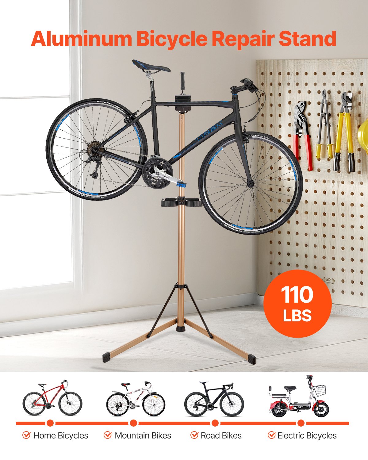 Bike Repair Stand, Max. 49.9 kg Heavy-duty Bicycle Work Stand with 1025-1510 mm Adjustable Height & Large Tool Tray, Foldable Ebike Maintenance Rack, Shop Home Mechanics for Mountain Road Bike - Image 2