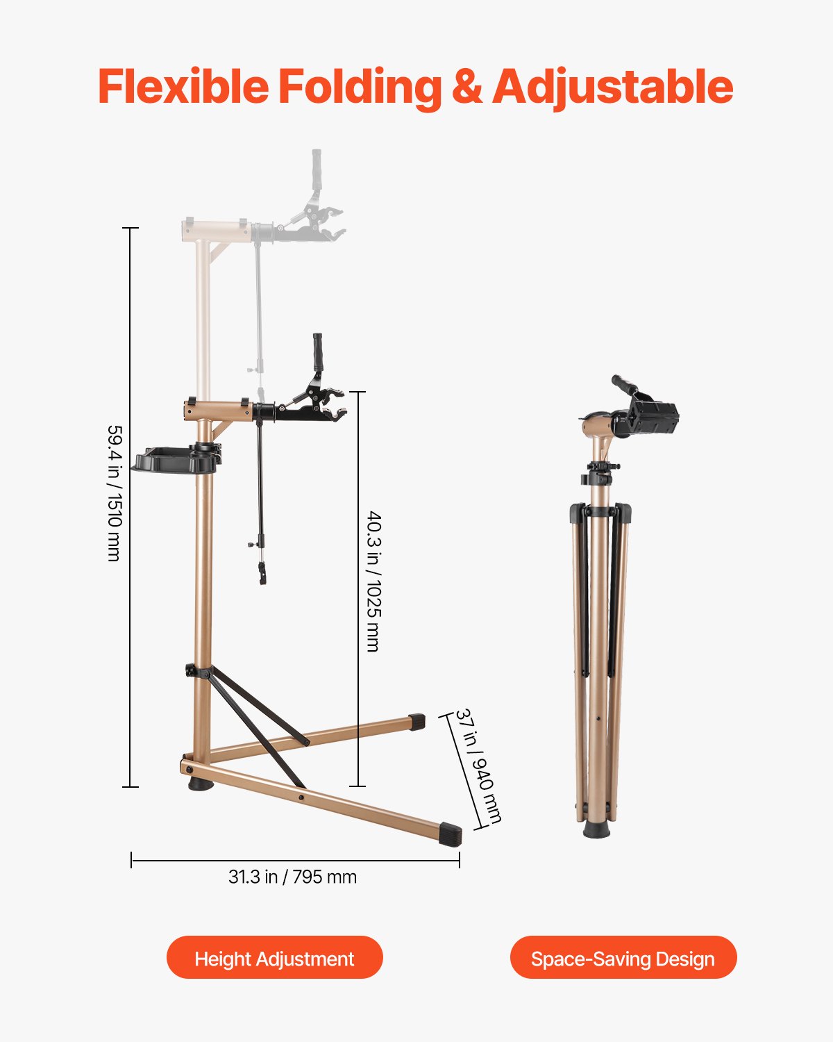 Bike Repair Stand, Max. 49.9 kg Heavy-duty Bicycle Work Stand with 1025-1510 mm Adjustable Height & Large Tool Tray, Foldable Ebike Maintenance Rack, Shop Home Mechanics for Mountain Road Bike - Image 4