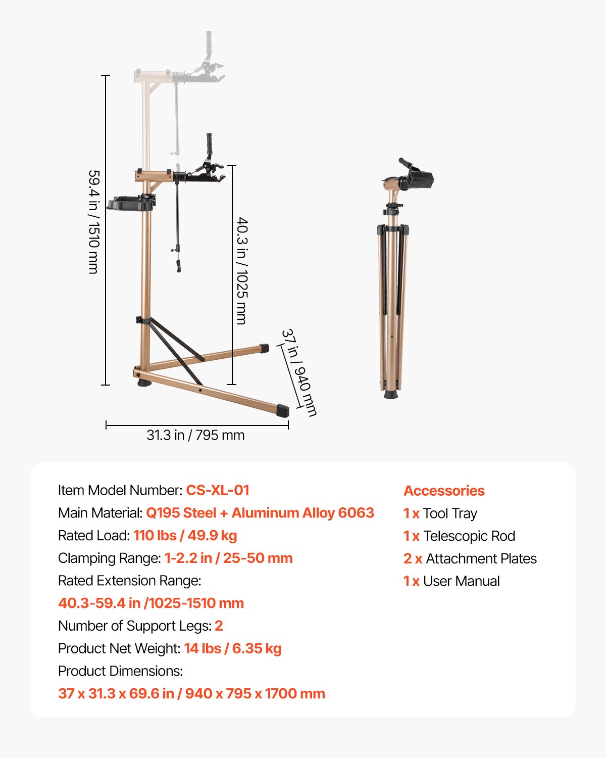 Bike Repair Stand, Max. 49.9 kg Heavy-duty Bicycle Work Stand with 1025-1510 mm Adjustable Height & Large Tool Tray, Foldable Ebike Maintenance Rack, Shop Home Mechanics for Mountain Road Bike - Image 7