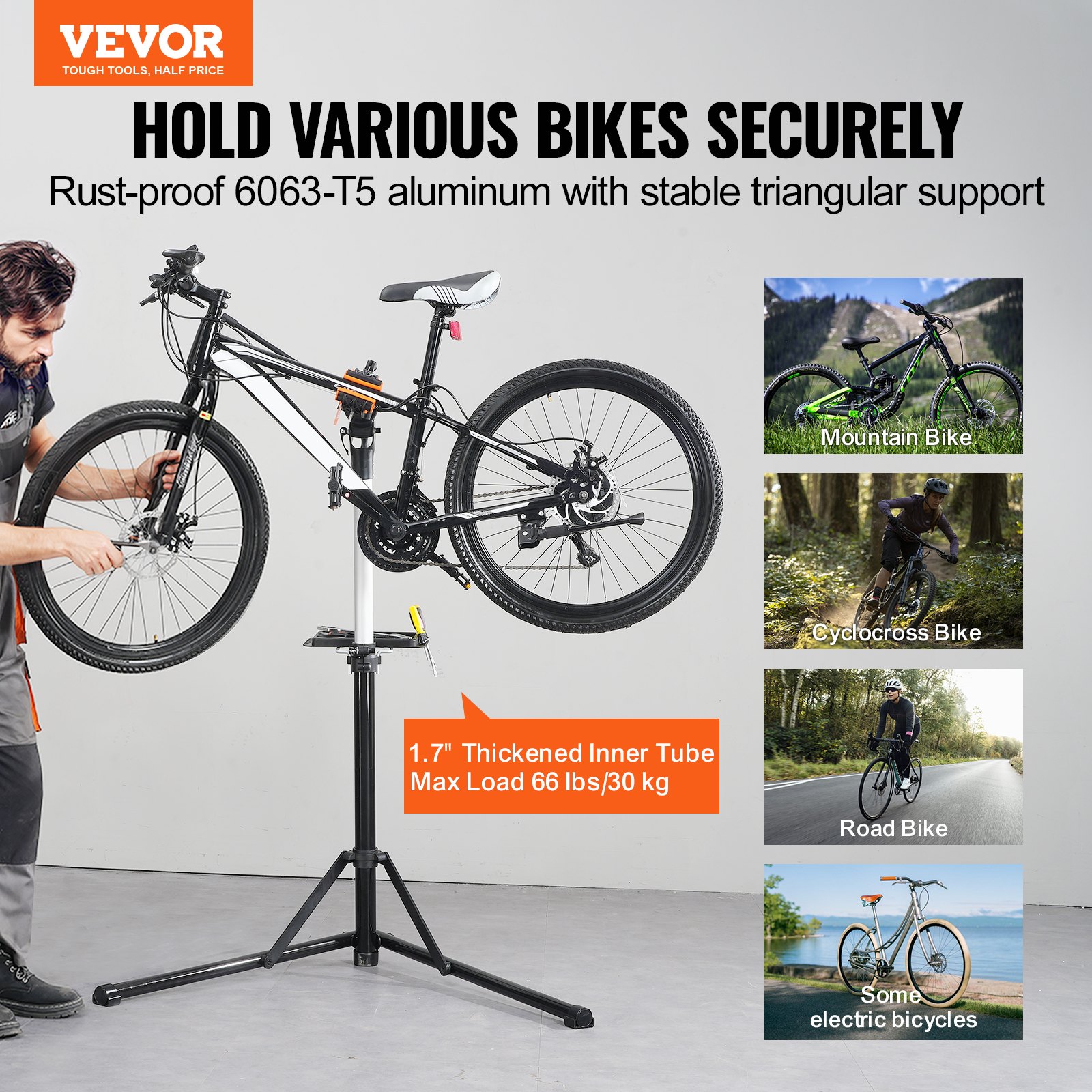 Bike Repair Stand, 66 lbs Heavy-duty Aluminum Bicycle Repair Stand, Adjustable Height Bike Maintenance Workstand with Magnetic Tool Tray Telescopic Arm, Foldable Bike Work Stand for Home, Shops - Image 2