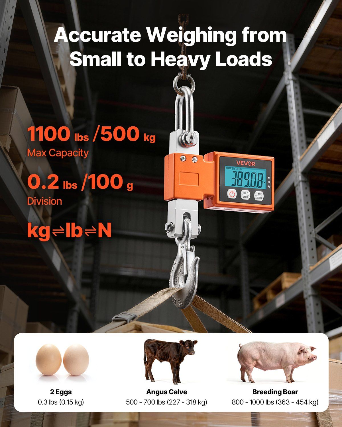 Digital Crane Scale, 1100 lbs/500 kg Max Capacity, Heavy Duty Industrial Hanging Scale with Cast Aluminum Case & LCD Display, 100 g Division & 3 Unit Switch, Auto-Off Setting for Garage - Image 2