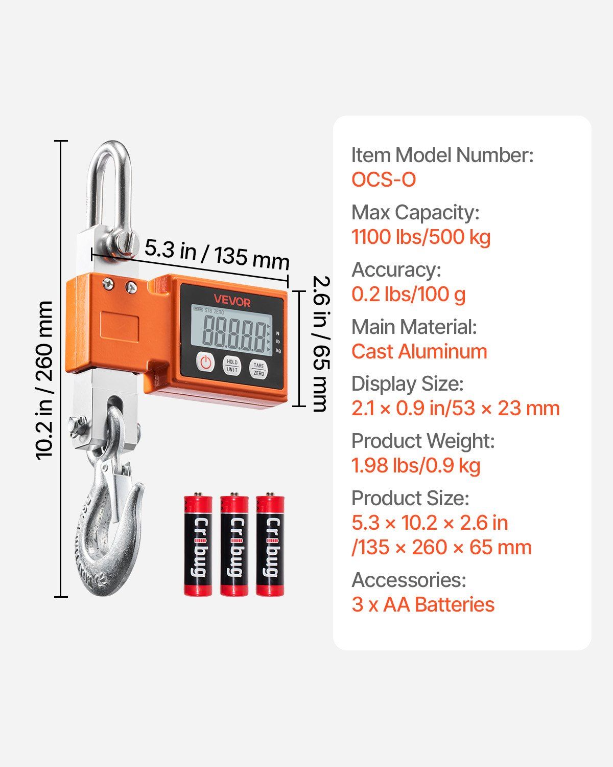 Digital Crane Scale, 1100 lbs/500 kg Max Capacity, Heavy Duty Industrial Hanging Scale with Cast Aluminum Case & LCD Display, 100 g Division & 3 Unit Switch, Auto-Off Setting for Garage - Image 7