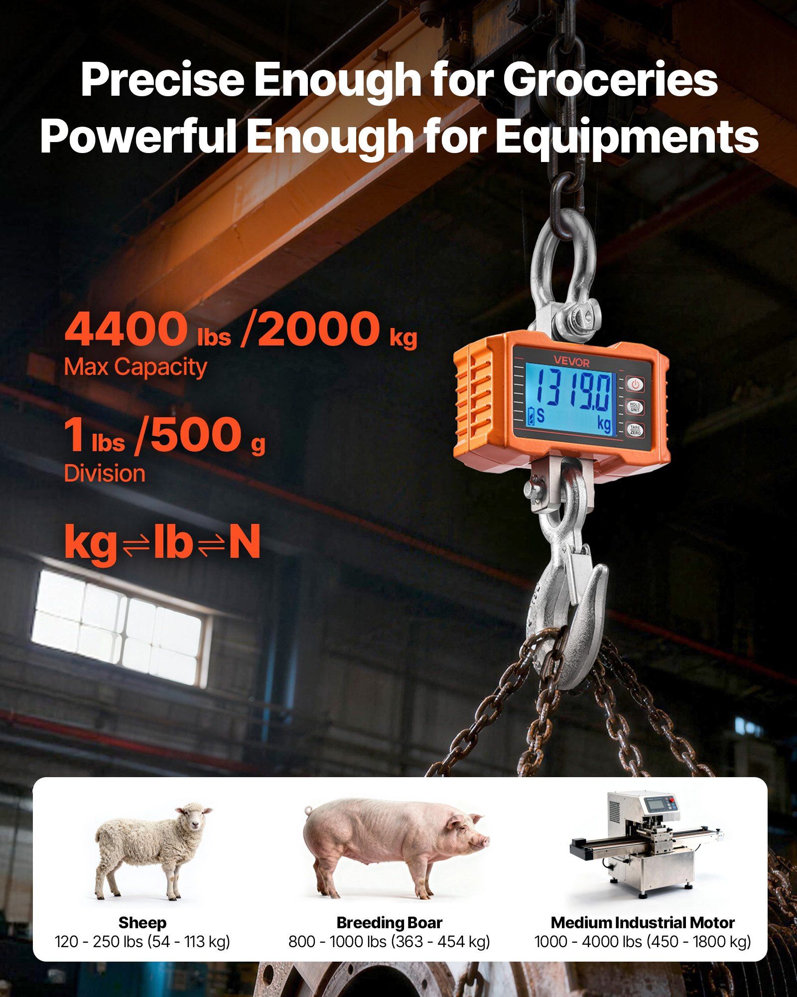 Digital Crane Scale, 4400 lbs/2000 kg Max Capacity, Heavy Duty Industrial Hanging Scale with Cast Aluminum Case & LCD Display, 500 g Division & 3 Unit Switch, Remote Control for Garage Factory - Image 2