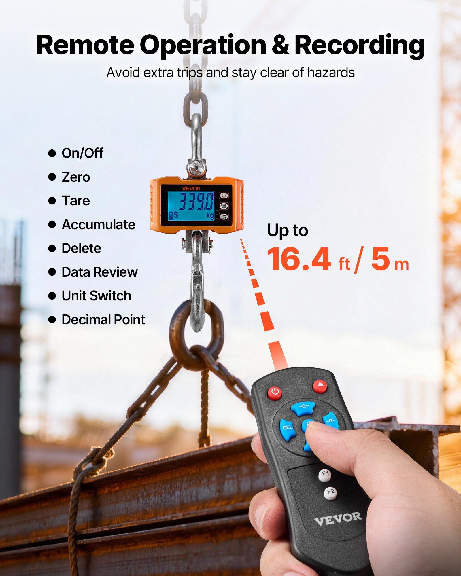 Digital Crane Scale, 4400 lbs/2000 kg Max Capacity, Heavy Duty Industrial Hanging Scale with Cast Aluminum Case & LCD Display, 500 g Division & 3 Unit Switch, Remote Control for Garage Factory - Image 5