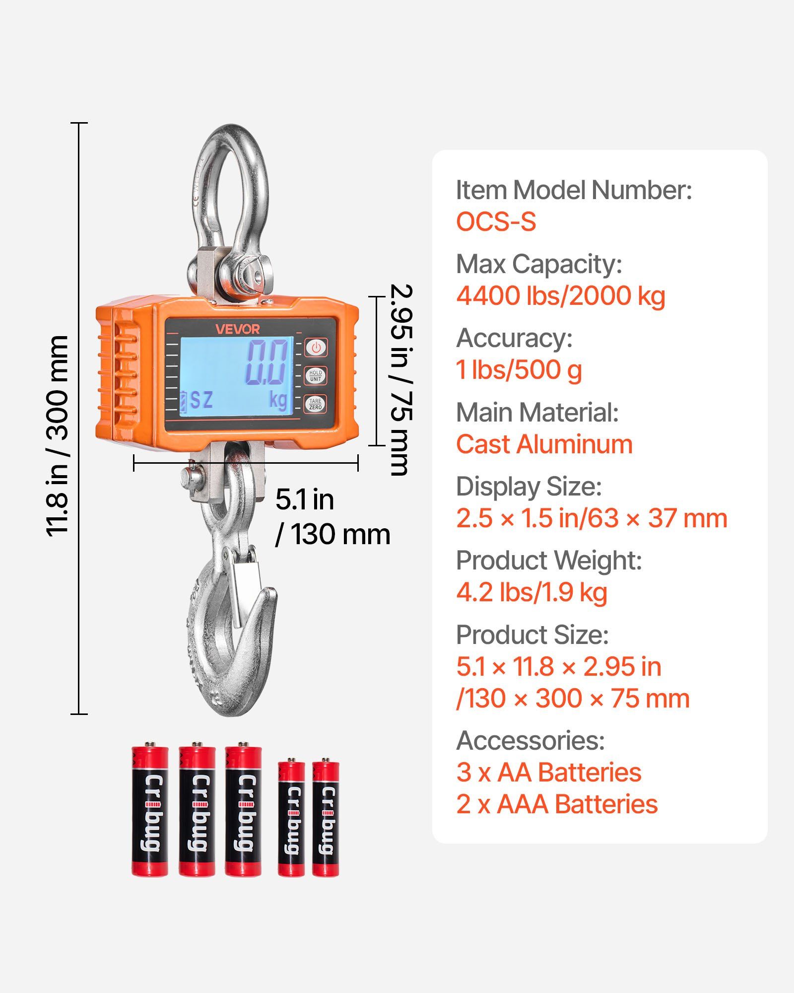 Digital Crane Scale, 4400 lbs/2000 kg Max Capacity, Heavy Duty Industrial Hanging Scale with Cast Aluminum Case & LCD Display, 500 g Division & 3 Unit Switch, Remote Control for Garage Factory - Image 7