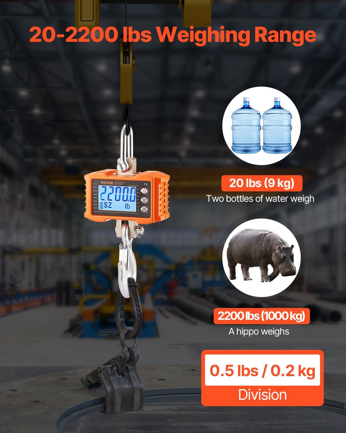 Digital Crane Scale, 2200 lbs/1000 kg, Industrial Heavy Duty Hanging Scale with Remote Control, Cast Aluminum Case & LCD Screen, High Precision for Construction, Factory, Farm, Hunting (Orange) - Image 2