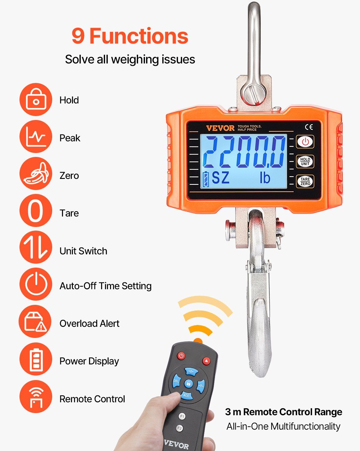 Digital Crane Scale, 2200 lbs/1000 kg, Industrial Heavy Duty Hanging Scale with Remote Control, Cast Aluminum Case & LCD Screen, High Precision for Construction, Factory, Farm, Hunting (Orange) - Image 5