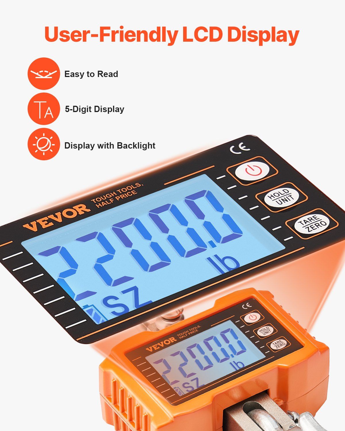 Digital Crane Scale, 2200 lbs/1000 kg, Industrial Heavy Duty Hanging Scale with Remote Control, Cast Aluminum Case & LCD Screen, High Precision for Construction, Factory, Farm, Hunting (Orange) - Image 6
