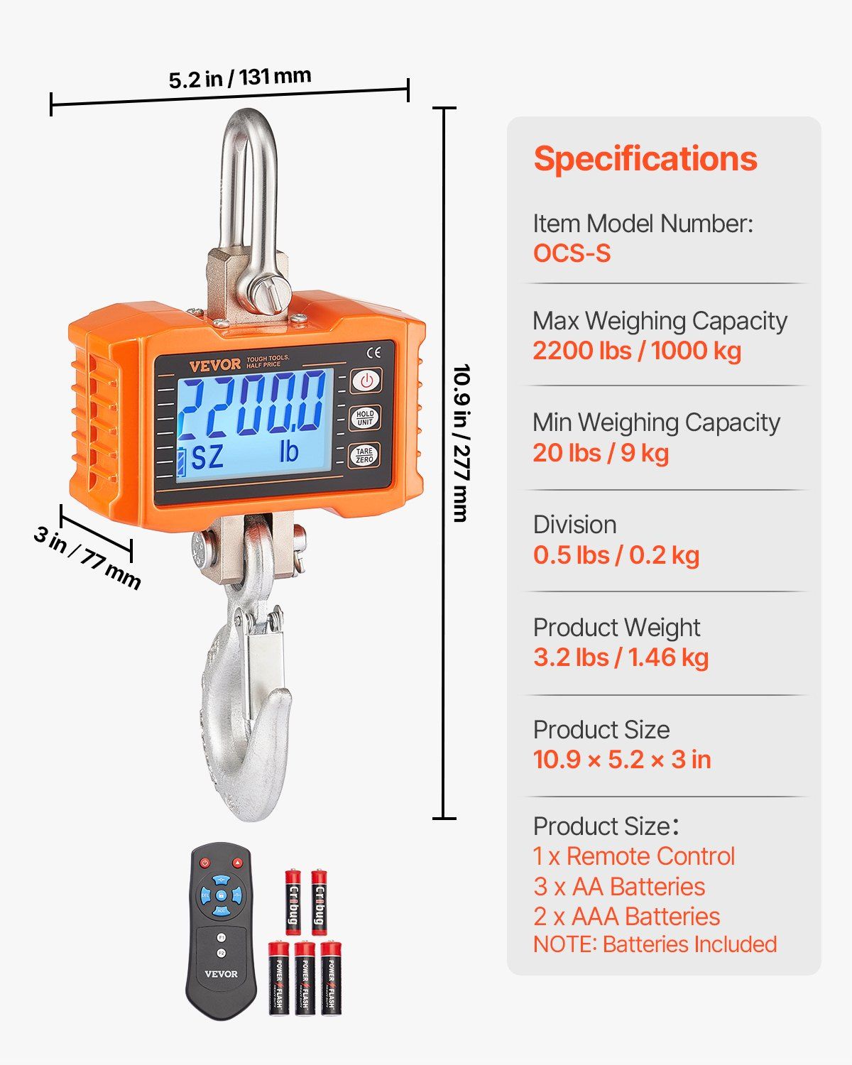 Digital Crane Scale, 2200 lbs/1000 kg, Industrial Heavy Duty Hanging Scale with Remote Control, Cast Aluminum Case & LCD Screen, High Precision for Construction, Factory, Farm, Hunting (Orange) - Image 7