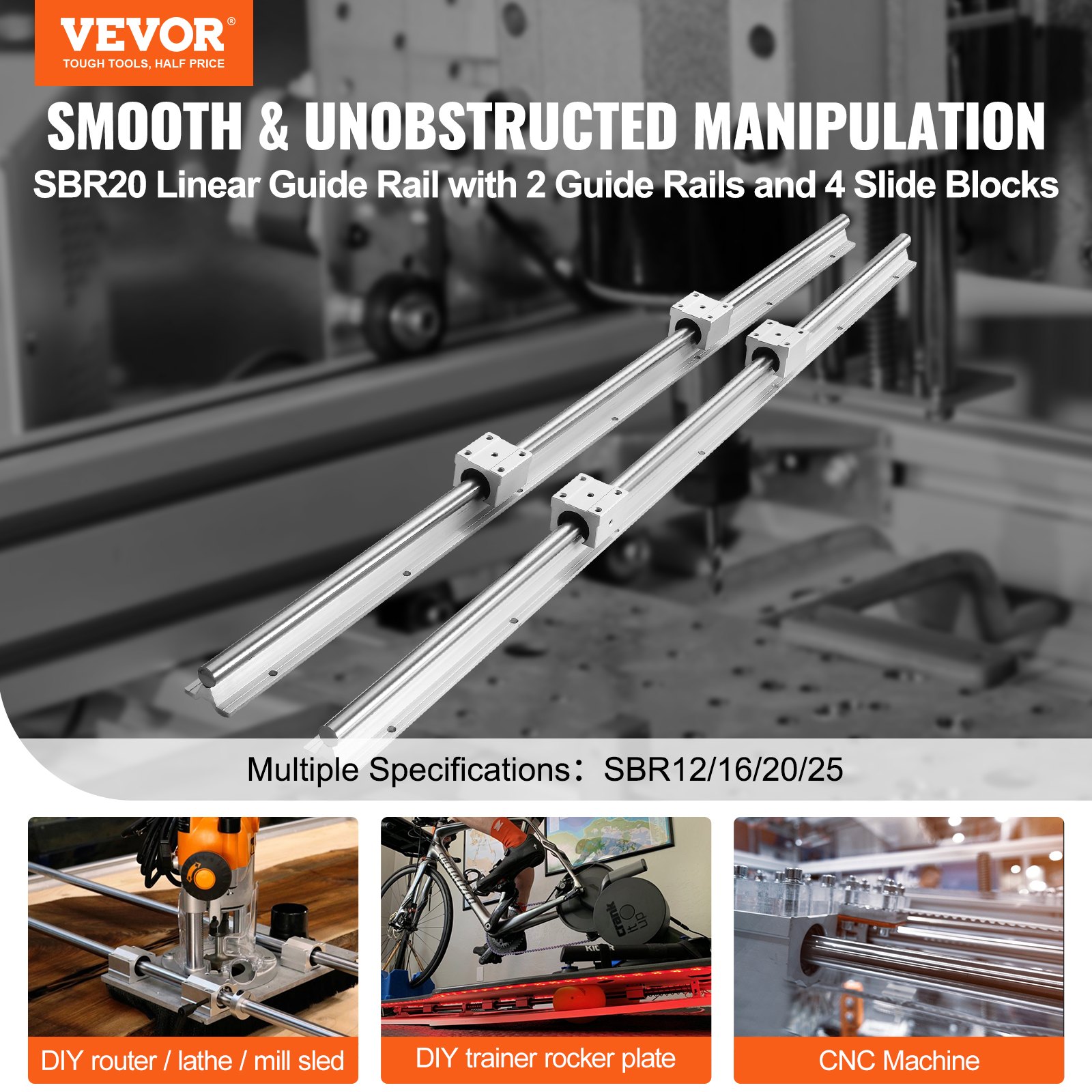Linear Guide Rail Set, SBR20 1800mm, 2 PCS 70.9 in/1800 mm SBR20 Guide Rails and 4 PCS SBR20UU Slide Blocks, Linear Rails and Bearings Kit for Automated Machines DIY Project CNC Router Machines - Image 2