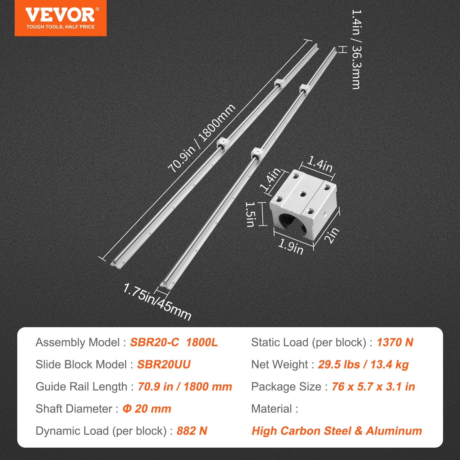 Linear Guide Rail Set, SBR20 1800mm, 2 PCS 70.9 in/1800 mm SBR20 Guide Rails and 4 PCS SBR20UU Slide Blocks, Linear Rails and Bearings Kit for Automated Machines DIY Project CNC Router Machines - Image 7