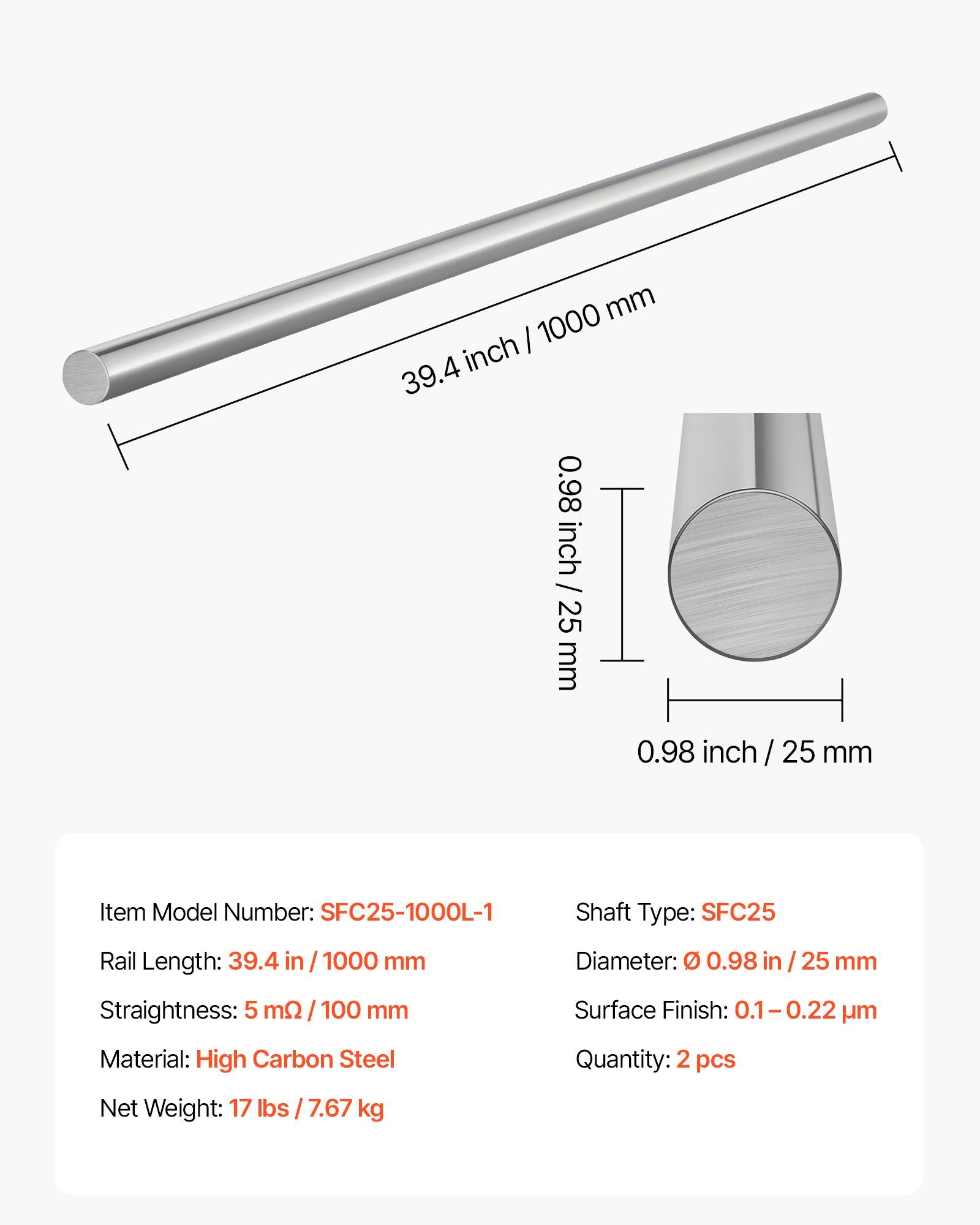 2PCS Linear Motion Rod, 25 mm x 1000 mm (0.98 x 39.4 in), SFC25 Carbon Steel Linear Rod Shaft, Anti Rust and High Precision, High Hardness Shaft, for Cutting Grinding Milling Drilling Machine - Image 7