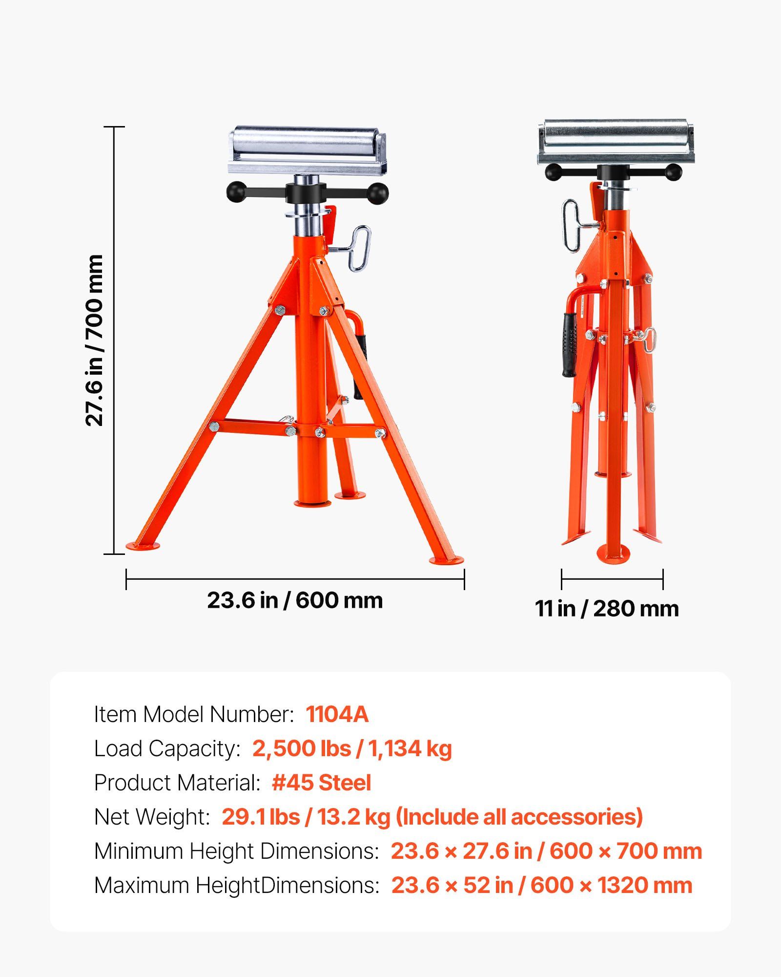 Roller Stand, Heavy Duty 1136 KG Load Capacity, 27.6