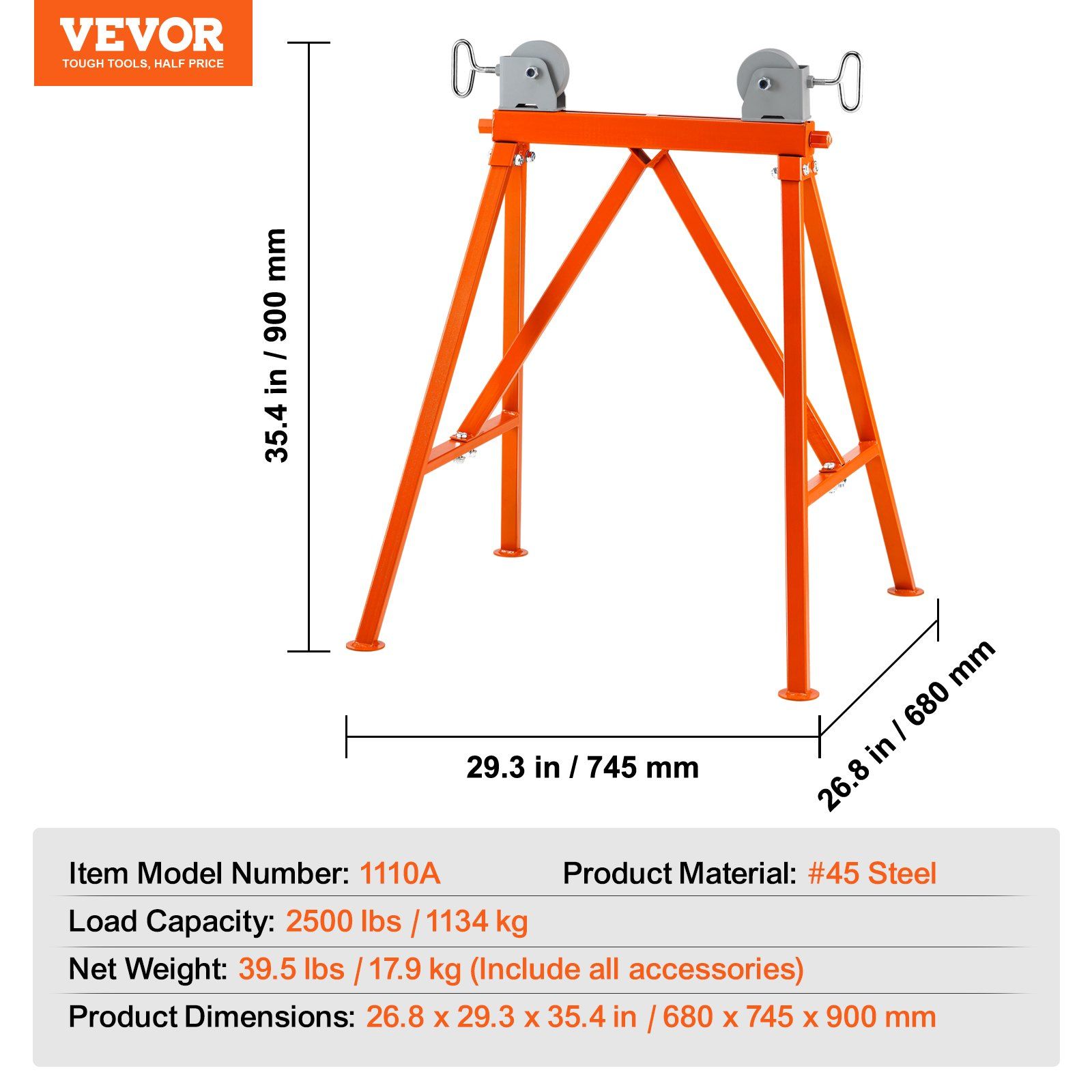Pipe Stand with Roller Head 2500 LBS Load for 2-36 inches Pipes 45# Steel - Image 7